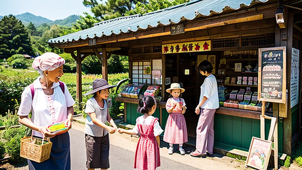 Children and an old woman shopping at a small candy store in the countryside、A small sweet shop in the Japanese countryside、