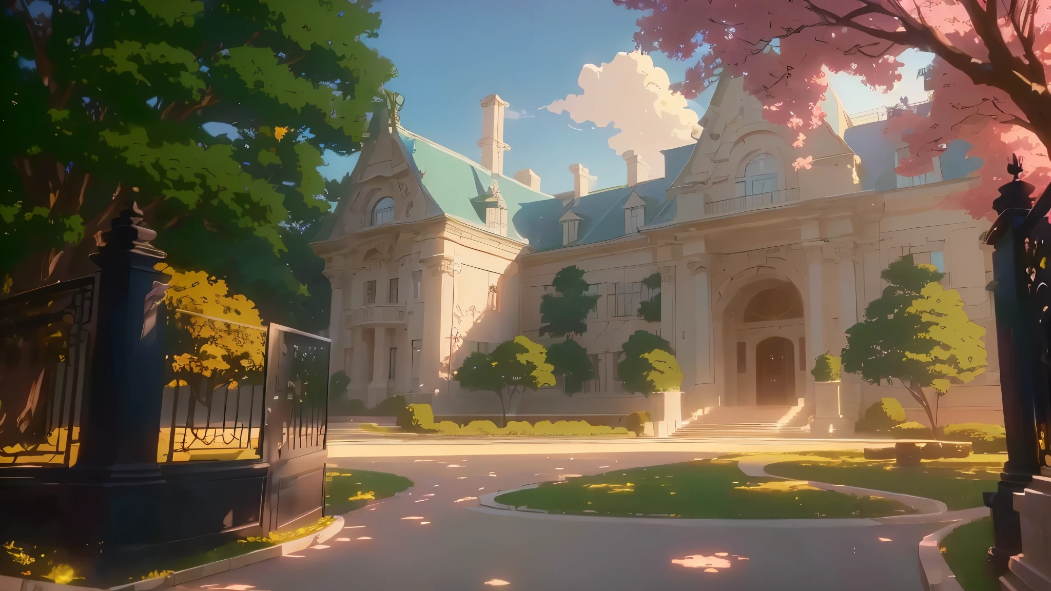 cena de anime of a large mansion with a gate and a tree, anime arte de fundo, cena de animery concept art, cena de animery, high school background, ( ( makoto shinkai ) ), beautiful cena de anime, beautiful cena de animery, madhouse studio anime style, arte de fundo, makoto shinkai. —h 2160, cena de anime, fundo de filme de anime, imagem 8K, desenho bonito, arte detalhada, art 4K