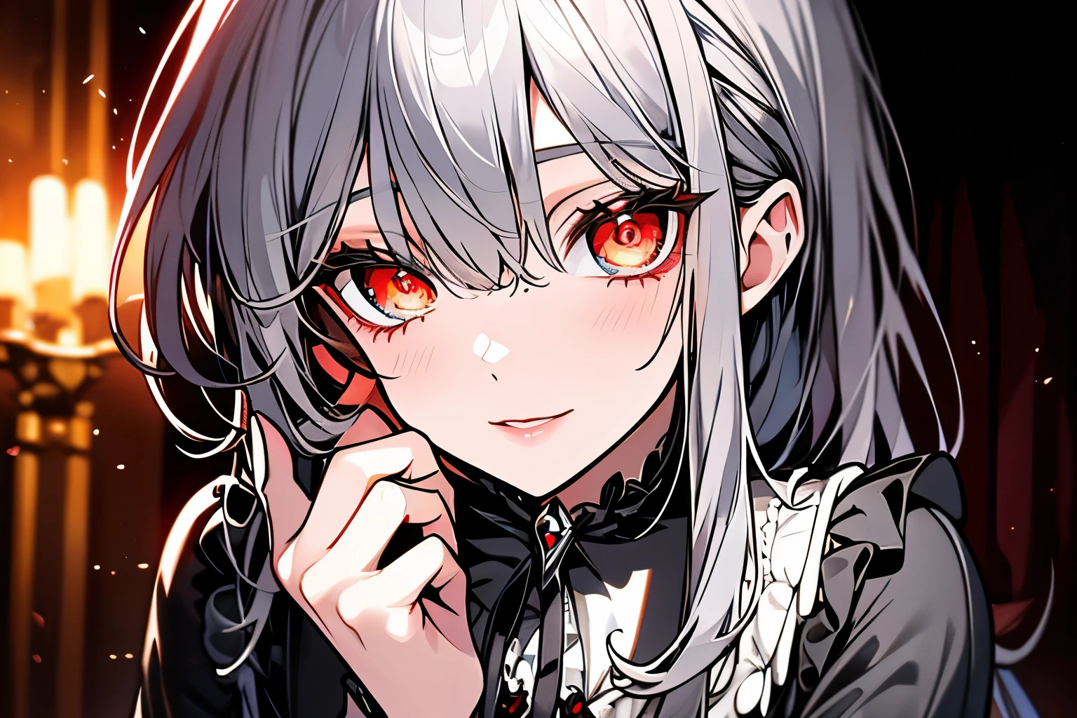 Victorian dresses, delicated eyes, delicated lips, (full heterocromia (a right eye red, a left eye silver))