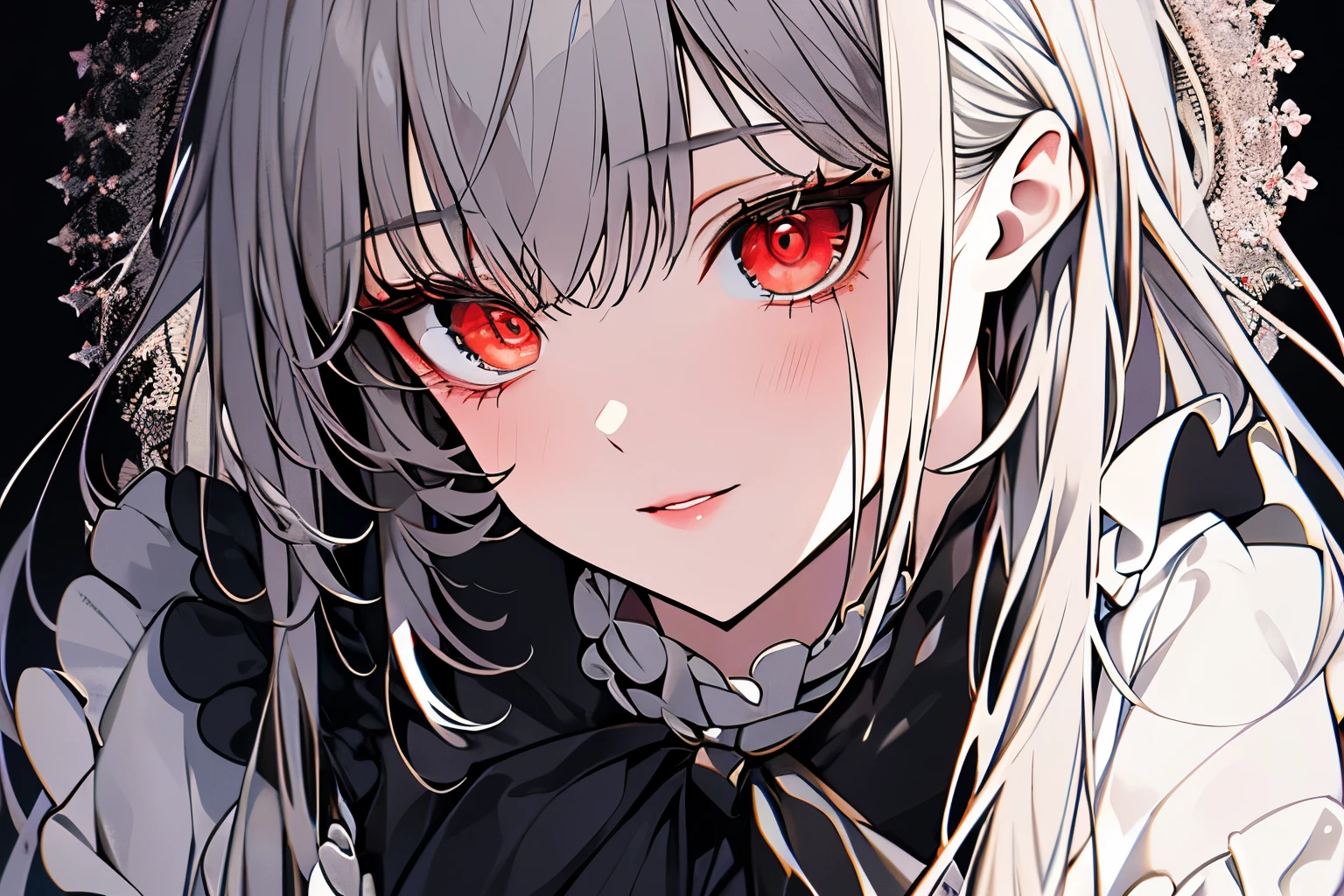 Victorian dresses, delicated eyes, delicated lips, (full heterocromia (a right eye red, a left eye silver))