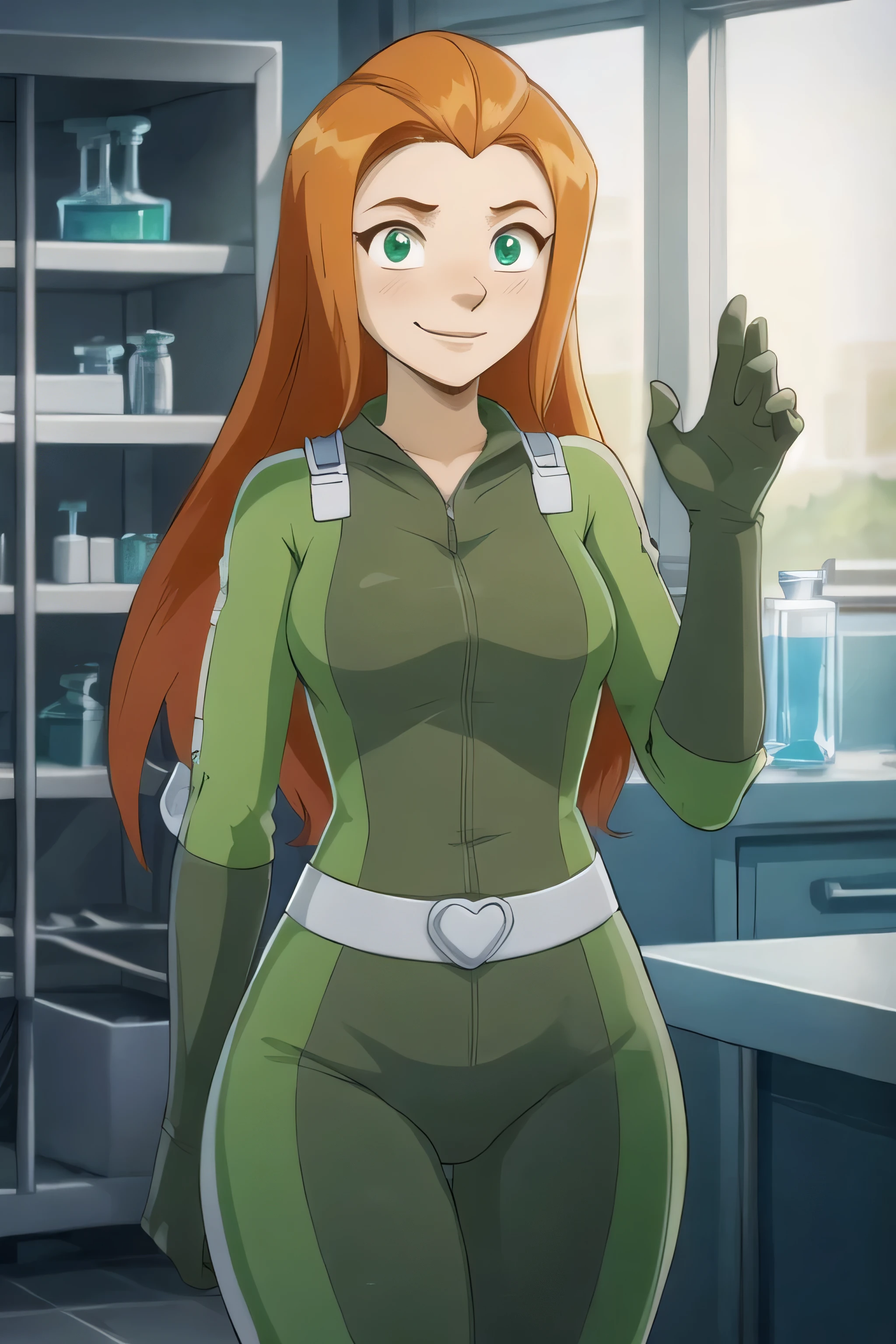 Young woman, alone, long hair, orange hair, green bodysuit, belt, I look at the viewer, embarrassed, smiling, medium shot, curvaceous. hands at sides, get ready to hug, standing indoors, Laboratory Extreme Detail, HDR, Realistic quality,