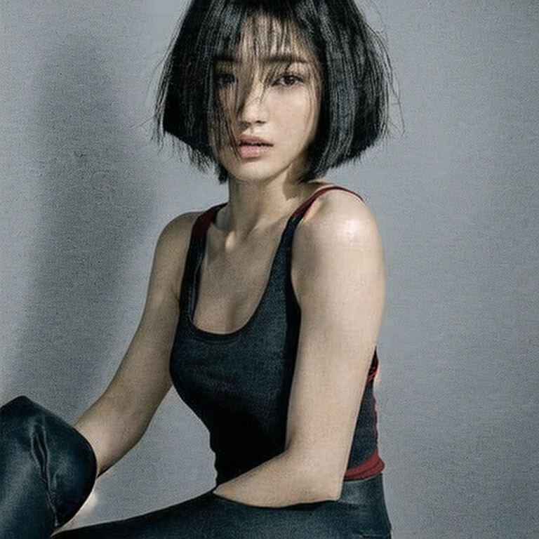 ((Top Quality, 8k, Masterpiece: 1.4)), japanese woman, ((short bob cut, skinny:1.4)), ((30 years old:1,0)), ((looking at viewer:1.4)), inside bedroom, ((black kneehighs, black tank top:1.4)),