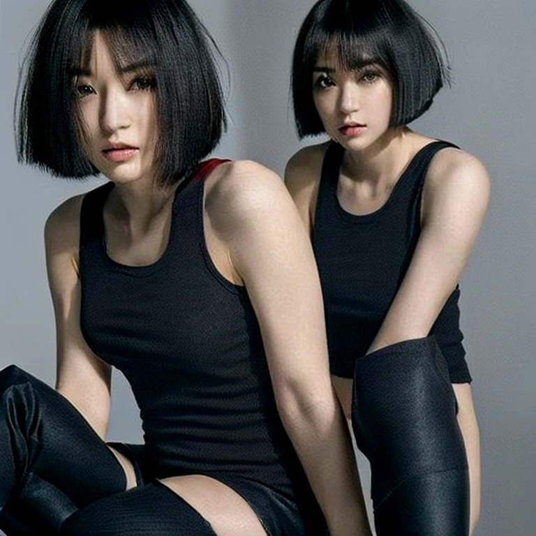 ((Top Quality, 8k, Masterpiece: 1.4)), japanese woman, ((short bob cut, skinny:1.4)), ((30 years old:1,0)), ((looking at viewer:1.4)), inside bedroom, ((black kneehighs, black tank top:1.4)),