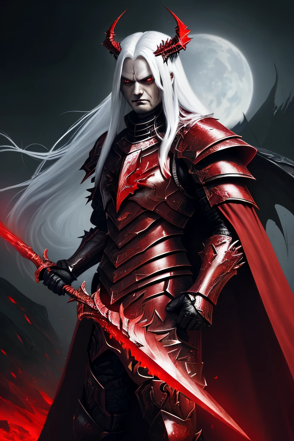 Lucifer(warhammer armour), bright red eyes, long white hair, angry face, wearing a warhammer armour(black-red), Red cape, in a galactic kingdom, scifi kingdom, dark night, ethereal lights in the air, ultra-realistic, 8k, full image. 