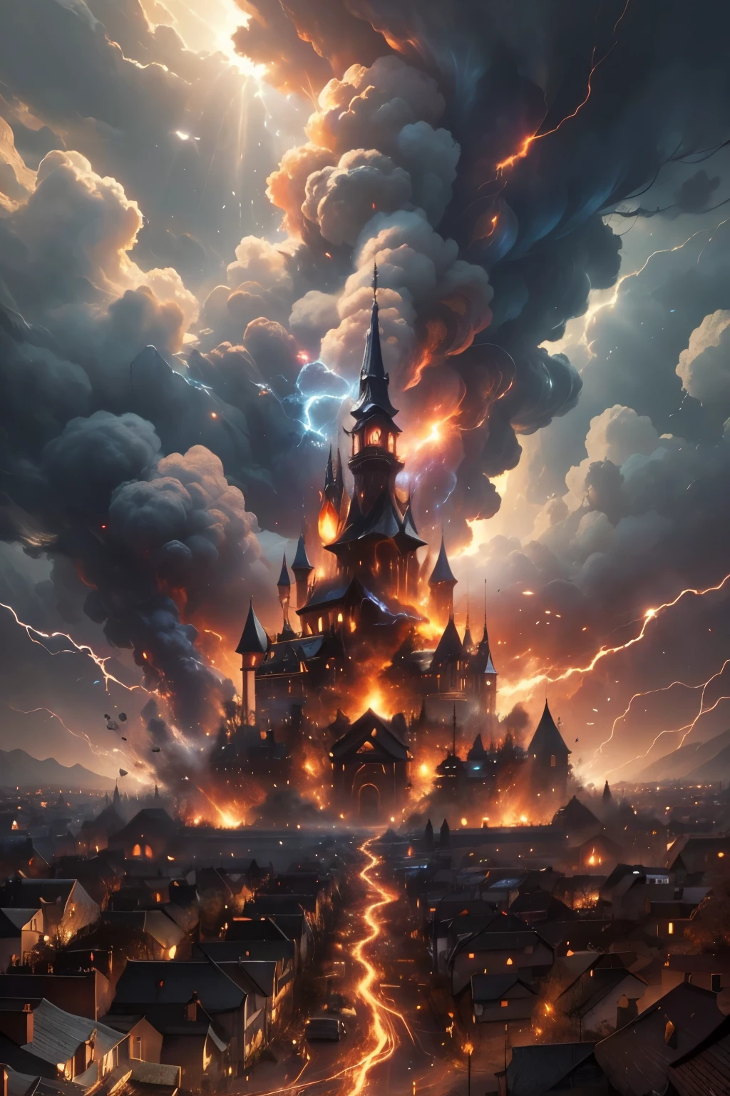 ((Best quality)), ((masterpiece)), ((realistic cartoon)): View from a small village street,Village on fire, Explosions, Multiples Golden Holy Rays of lightning hitting the ground. Destroying a small village, Houses breaking aparts, Peoples panicking in the streets.

Every element of this masterpiece is carefully designed to create a sense of realism and immersion. The mesmerizing effects of impact, and the level of detail in destruction. This artwork is presented in stunning UHD resolution, allowing you to appreciate every nuance and intricacy in breathtaking detail.
Street view,Scenic, masterpiece,mtg art,magic the gathering art.