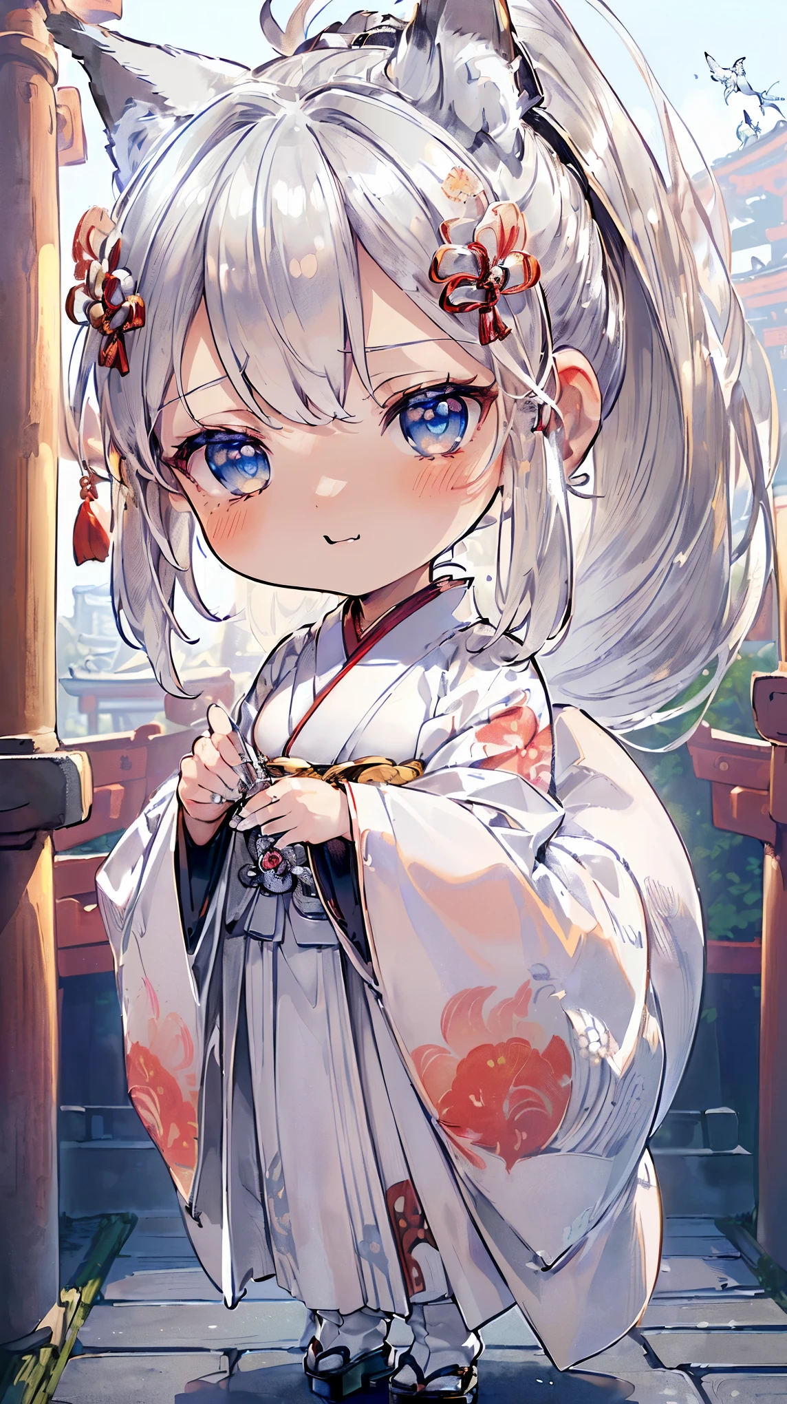 (((Masterpiece))), (((Highest quality))), ((Ultra-detailed)), ((Super fine illustration)), ((Ultra-fine painting)), (16K highest quality wallpaper:1.4), (Chibi:2.0), (Full body:1.6), HDR, (Highly detailed and delicate illustration style:1.8), Detailed skin texture, Detailed cloth texture, Extreme detailed description, (T-masterpiece), (Highly detailed face:1.2), (Highly detailed silver fox ears:1.4), (Highly detailed shiny ponytail:1.2), (Highly detailed beautiful eyes:1.2), Original, RAW photo, Professional, Intricate details, Super details, Direct light:1.6, (Perfect anatomy:1.4), (Highly detailed hands:1.2), (Highly detailed fingers:1.2), (Highly detailed fingertips:1.2), (27-years-old), Real, (Solo:1.6), ((A very beautiful and attractive silver fox model who is a messenger of God and a traditional Japanese sacred shrine maiden:1.4)) BRAKE (Beautiful and adorable silver fox ears:1.8), (Highly detailed and delicate silver fox ears:1.6), (Beautiful and well-shaped big breasts:1.2), (Beautiful and well-shaped buttocks), (Beautiful and shiny silver ponytail:1.6), (Highly detailed and delicate silver ponytail:1.2), (Beautiful clear blue eyes that shine with great detail:1.6), (Highly detailed and delicate blue eyes:1.2), (Highly detailed face:1.4), (Smile:1.3), (Blush:1.2), (Looking at viewer:1.4), (Celebration:1.4), (Standing:1.2) BRAKE ((Brightly white and red colored) and divine traditional shrine maiden costumes at Japanese shrines:1.4), (Japanese divine traditional costume:1.2) BRAKE (Highly detailed and beautiful Ise Grand Shrine in Mie Prefecture just after noon in spring in the background:1.6), (Celebration:1.4), Highly beautiful in the sunny sky background just after noon:1.2 BRAKE 