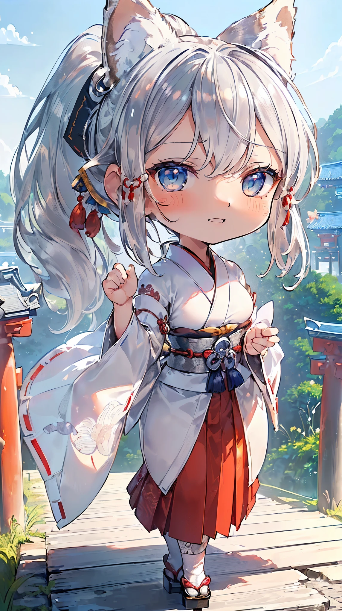 (((Masterpiece))), (((Highest quality))), ((Ultra-detailed)), ((Super fine illustration)), ((Ultra-fine painting)), (16K highest quality wallpaper:1.4), (Chibi:2.0), (Full body:1.6), HDR, (Highly detailed and delicate illustration style:1.8), Detailed skin texture, Detailed cloth texture, Extreme detailed description, (T-masterpiece), (Highly detailed face:1.2), (Highly detailed silver fox ears:1.4), (Highly detailed shiny ponytail:1.2), (Highly detailed beautiful eyes:1.2), Original, RAW photo, Professional, Intricate details, Super details, Direct light:1.6, (Perfect ???????:1.4), (Highly detailed hands:1.2), (Highly detailed fingers:1.2), (Highly detailed fingertips:1.2), (27-years-old), Real, (Solo:1.6), ((A very beautiful and attractive silver fox model who is a messenger of God and a traditional Japanese sacred shrine maiden:1.4)) BRAKE (Beautiful and adorable silver fox ears:1.8), (Highly detailed and delicate silver fox ears:1.6), (Beautiful and well-shaped big breasts:1.2), (Beautiful and well-shaped buttocks), (Beautiful and shiny silver ponytail:1.6), (Highly detailed and delicate silver ponytail:1.2), (Beautiful clear blue eyes that shine with great detail:1.6), (Highly detailed and delicate blue eyes:1.2), (Highly detailed face:1.4), (Smile:1.3), (Blush:1.2), (Looking at viewer:1.4), (Celebration:1.4), (Standing:1.2) BRAKE ((Brightly white and red colored) and divine traditional shrine maiden costumes at Japanese shrines:1.4), (Japanese divine traditional costume:1.2) BRAKE (Highly detailed and beautiful Ise Grand Shrine in Mie Prefecture just after noon in spring in the background:1.6), (Celebration:1.4), Highly beautiful in the sunny sky background just after noon:1.2 BRAKE