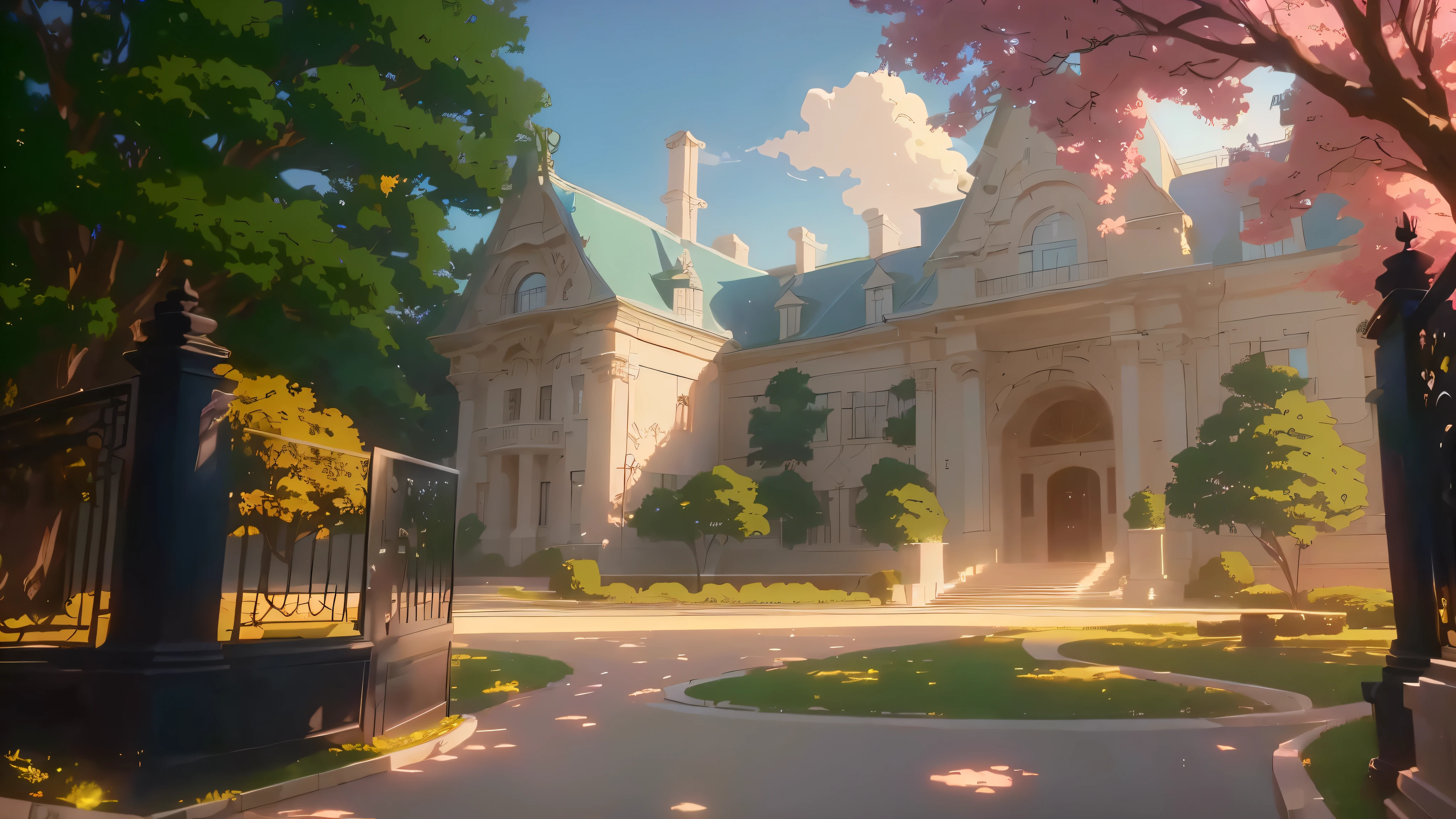 cena de anime of a large mansion with a gate and a tree, anime arte de fundo, cena de animery concept art, cena de animery, high school background, ( ( makoto shinkai ) ), beautiful cena de anime, beautiful cena de animery, madhouse studio anime style, arte de fundo, makoto shinkai. —h 2160, cena de anime, fundo de filme de anime, imagem 8K, desenho bonito, arte detalhada, art 4K