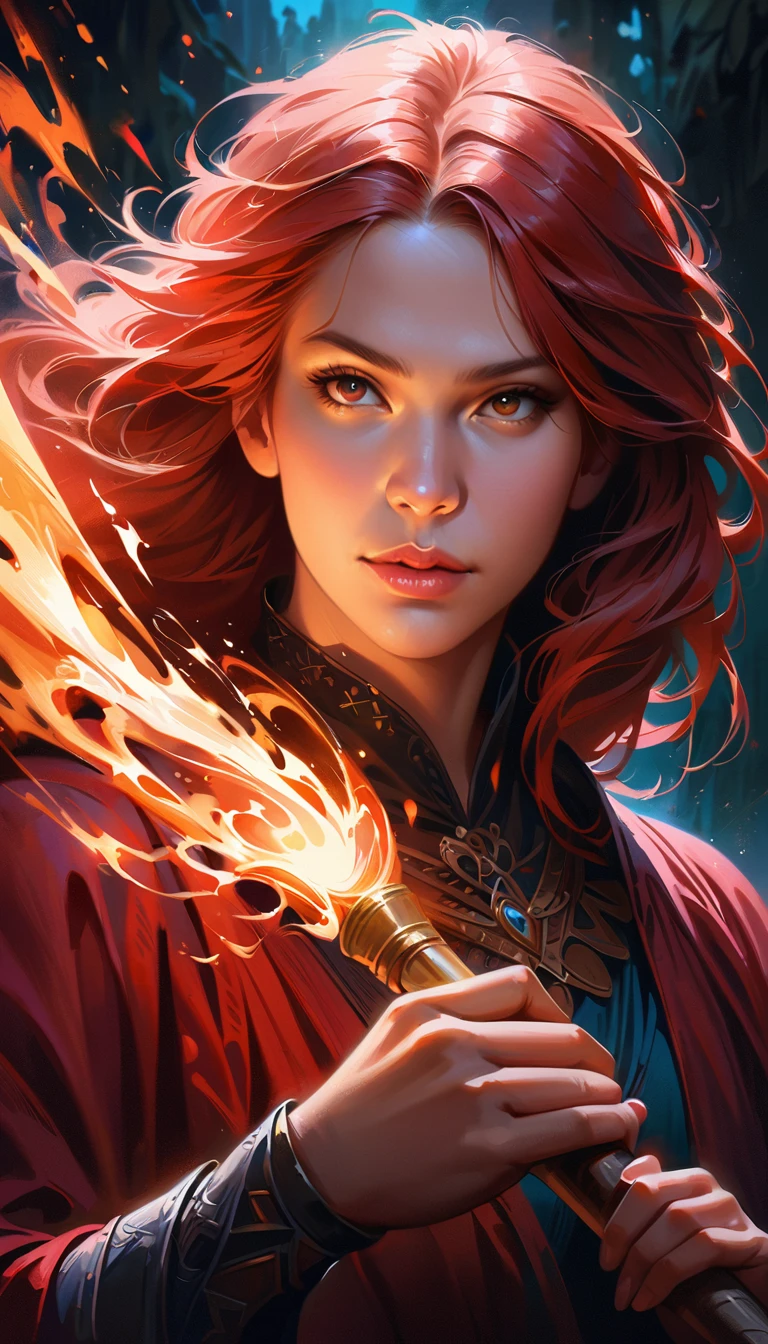 (best quality,4k,8k,highres,masterpiece:1.2),(full silhouette:1.5),(full shot:1.4), ultra-detailed,(realistic,photorealistic,photo-realistic:1.37),Witch,RPG,Sorceress,Magic,Red-haired Woman,beautiful detailed eyes,beautiful detailed lips,extremely detailed eyes and face,longeyelashes,Vibrant and colorful,swirling magical aura,fantasy setting,medieval-inspired clothing,mystical staff,casting a powerful spell,with an air of mystery,dark and enchanting background lighting,Please make sure that the sorceress's facial features are distinct and detailed, denoting her beauty and magical abilities.