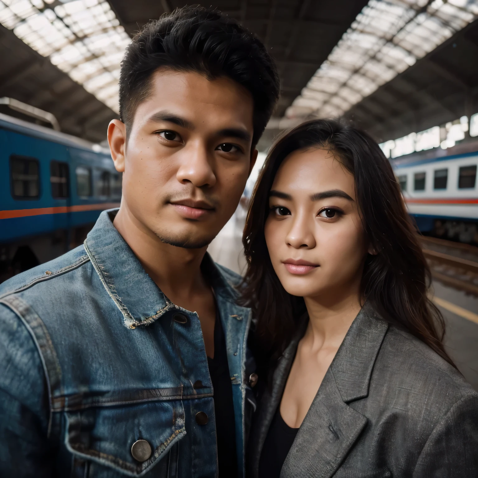 (8K, RAW Photos, Highest Quality, Intricate Details), Candid photo shot of a 30 year old indonesian man, kinda fat muscle, nature skin, very short hair, wearing a jeans jacket, side by side with a 25 year old indonesian woman with long hair, wearing blazer clothes, in the peron train station, standing, with train background, photography, long exposure.