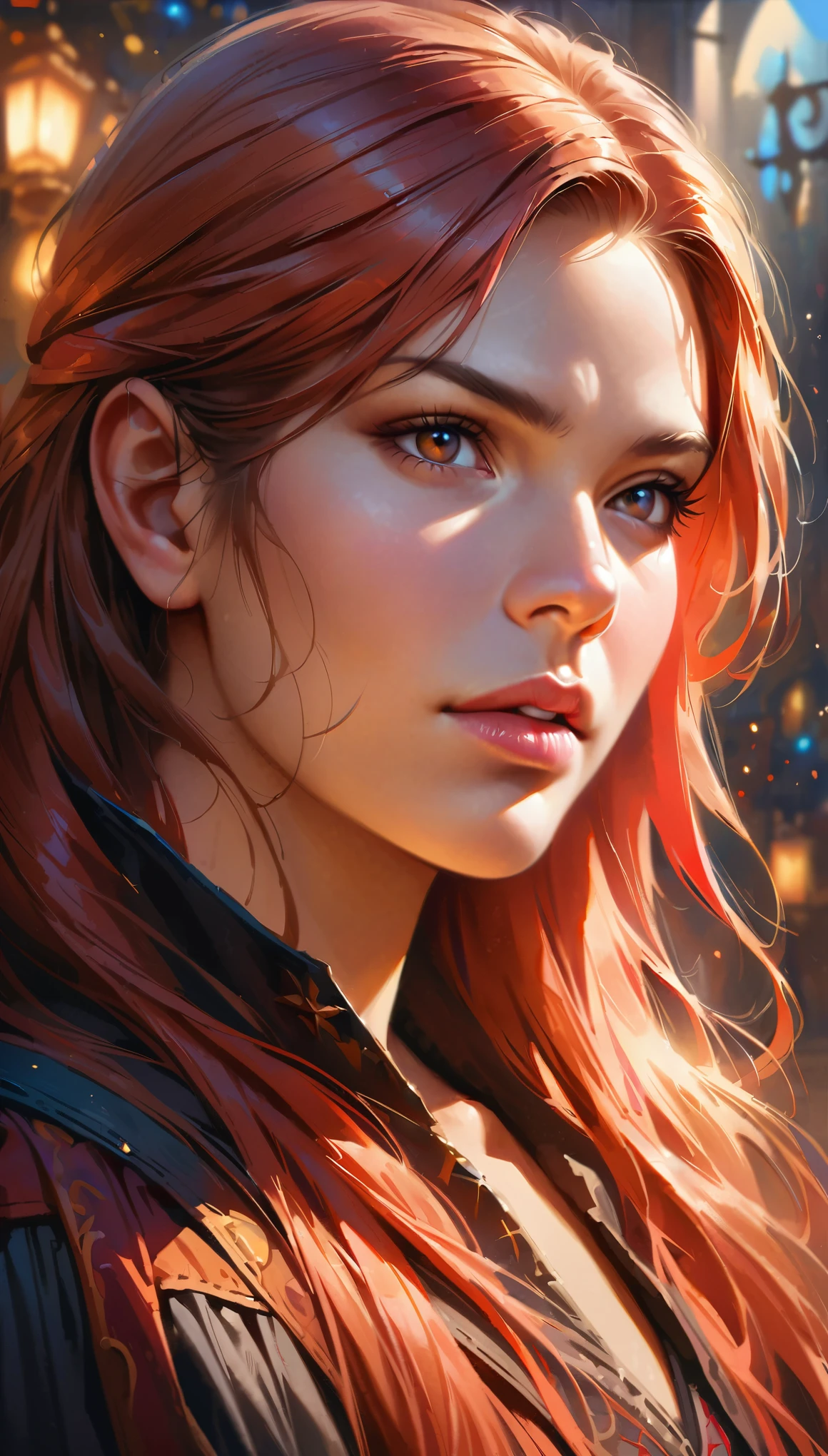 (best quality,4k,8k,highres,masterpiece:1.2),ultra-detailed,(realistic,photorealistic,photo-realistic:1.37),Witch,RPG,Sorceress,Magic,Red-haired Woman,beautiful detailed eyes,beautiful detailed lips,extremely detailed eyes and face,longeyelashes,Vibrant and colorful,swirling magical aura,fantasy setting,medieval-inspired clothing,mystical staff,casting a powerful spell,with an air of mystery,dark and enchanting background lighting,Please make sure that the sorceress's facial features are distinct and detailed, denoting her beauty and magical abilities.