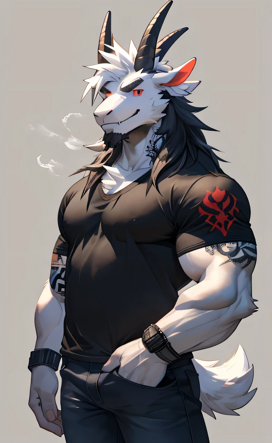 Azazel, A pure white"goat", full body, red eyes , tattoo on neck, grin, smuggle, jeans and black shirt. Anthropomorphic, furry character, "white goat" ,character design, goat character,cloven hoof, short hair, muscles, male, full body , simple foggy background , white long hair
