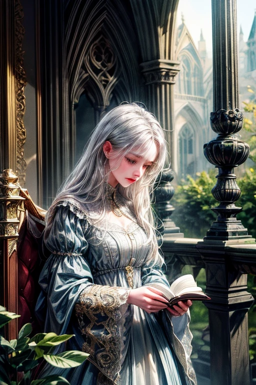 (absurdres, highres, ultra detailed, HDR), masterpiece, Intricate details,best quality of old book, detailed outside garden night cathedral scenery, 1girl, solo, mature, Baroque, long dress, long sleeve, elegant, colorful, highest detailed, upper body, girl praying, silver hair