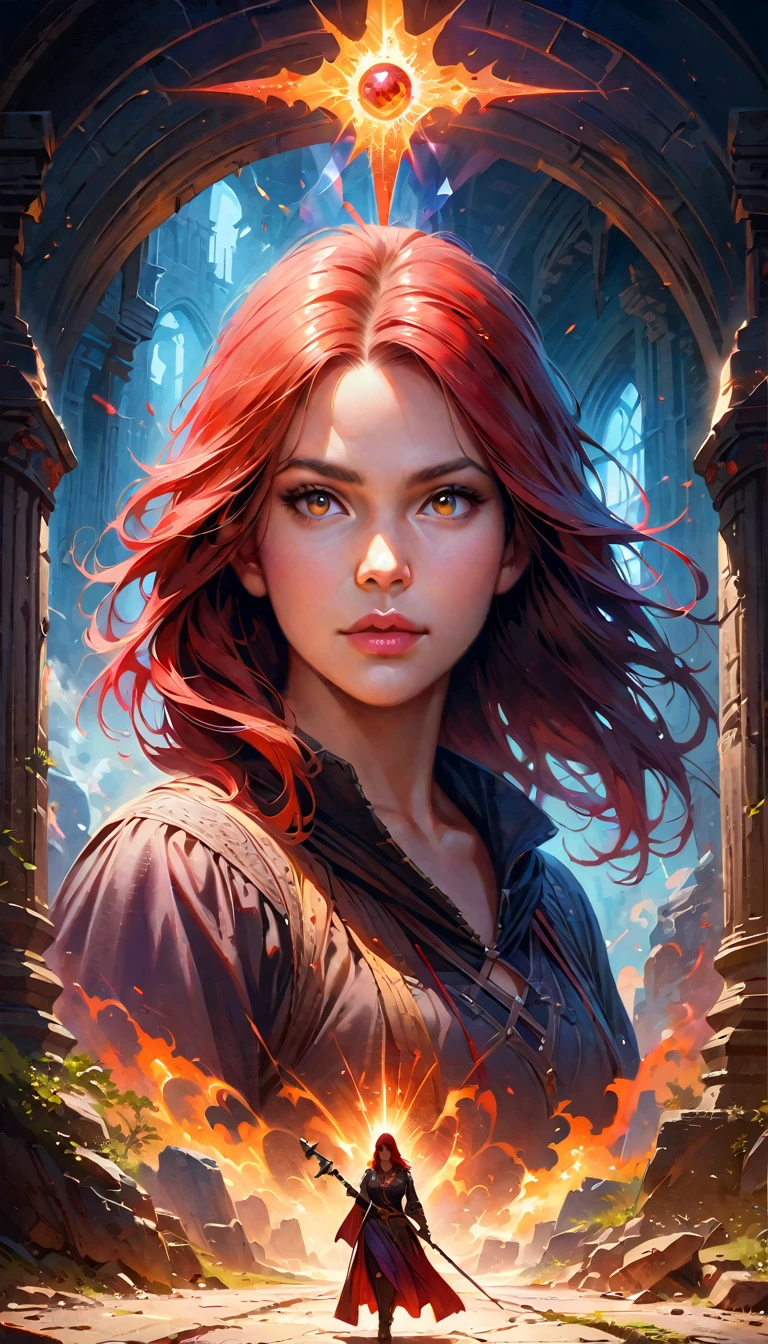 (best quality,4k,8k,highres,masterpiece:1.2),(full silhouette:1.5),(full shot:1.4), ultra-detailed,(realistic,photorealistic,photo-realistic:1.37),Witch,RPG,Sorceress,Magic,Red-haired Woman,beautiful detailed eyes,beautiful detailed lips,extremely detailed eyes and face,longeyelashes,Vibrant and colorful,swirling magical aura,fantasy setting,medieval-inspired clothing,mystical staff,casting a powerful spell,with an air of mystery,dark and enchanting background lighting,Please make sure that the sorceress's facial features are distinct and detailed, denoting her beauty and magical abilities.