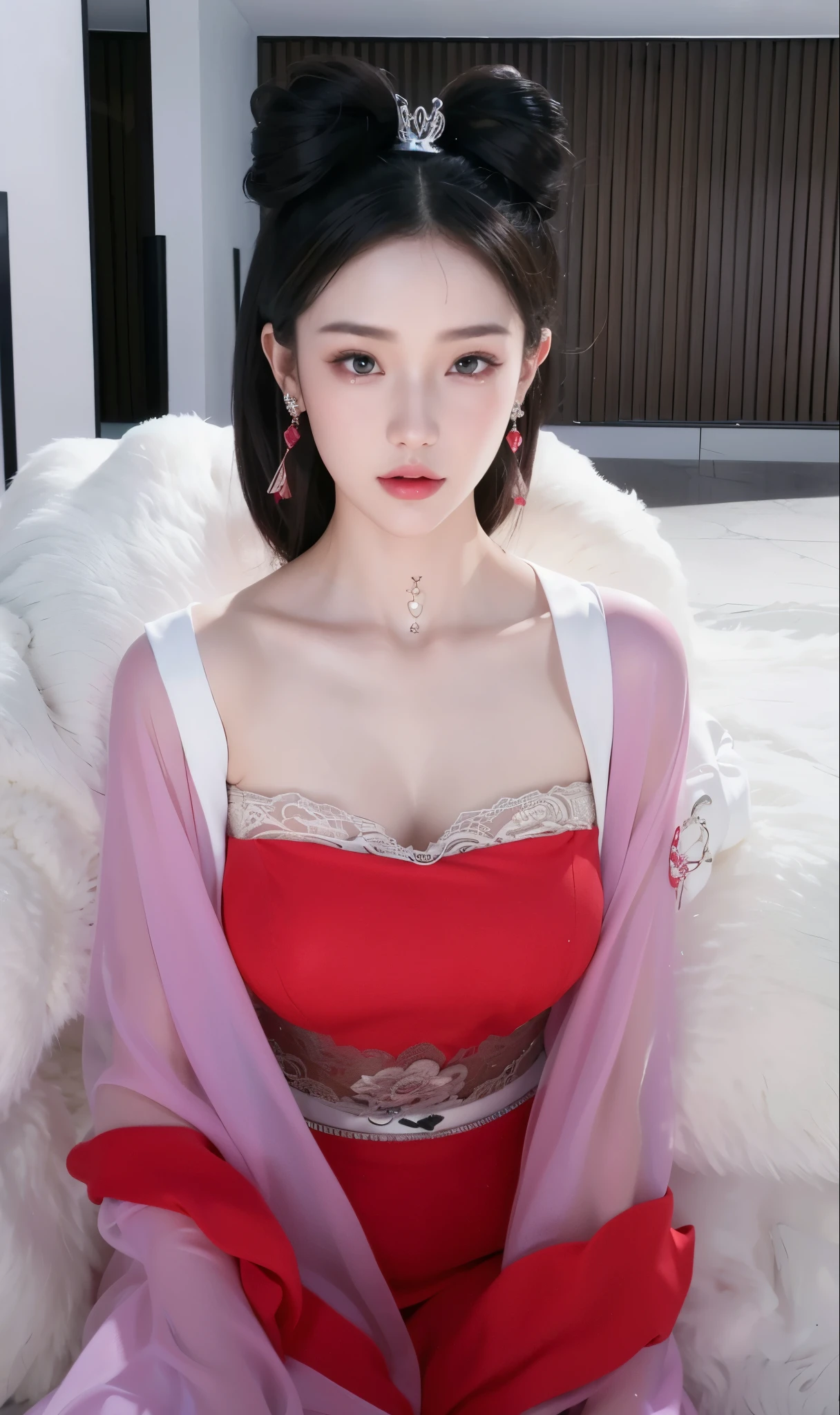 Game Art，CG Animation，Best image quality，Maximum resolution，8k，(A half-length photo)，(portrait)，(Head close-up)，(Rule of Thirds)，Unreal Engine 5 rendering works，20 year old girl，((Queen))，The eyes are very detailed，(Large Breasts)，Elegant and noble，Movie Lighting，Ray Tracing，Game CG，((3D Unreal Engine))，OC rendering reflection mode，4K，Ultra-clear，Translucent lace，Fair and plump figure，Pretty Face，Glossy Gel Coat，身着华贵礼服的Queen，Tattoo designs on body，The tattoo is very delicate，Nine-tailed Fox，Empress Daji