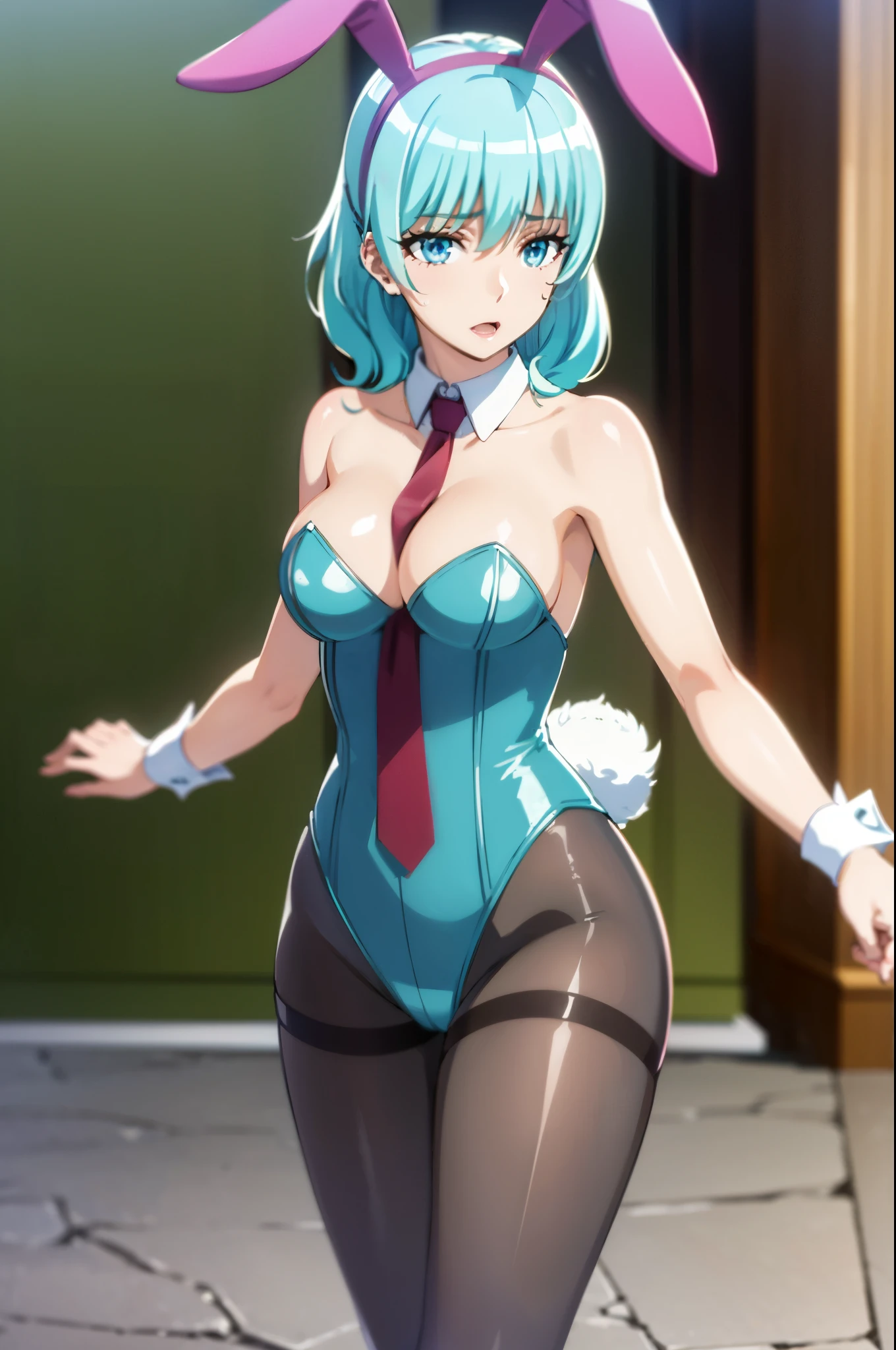 aqua hair, medium hair, blue eyes,photorealistic, high resolution, soft light,1women, solo, hips up, shining skin, (detailed face), strapless leotard, pantyhose, rabbit ears, folded ponytail, putple hair, necktie, wrist cuffs (wearing a satin corset and thigh highs), jewelry, tattoo
