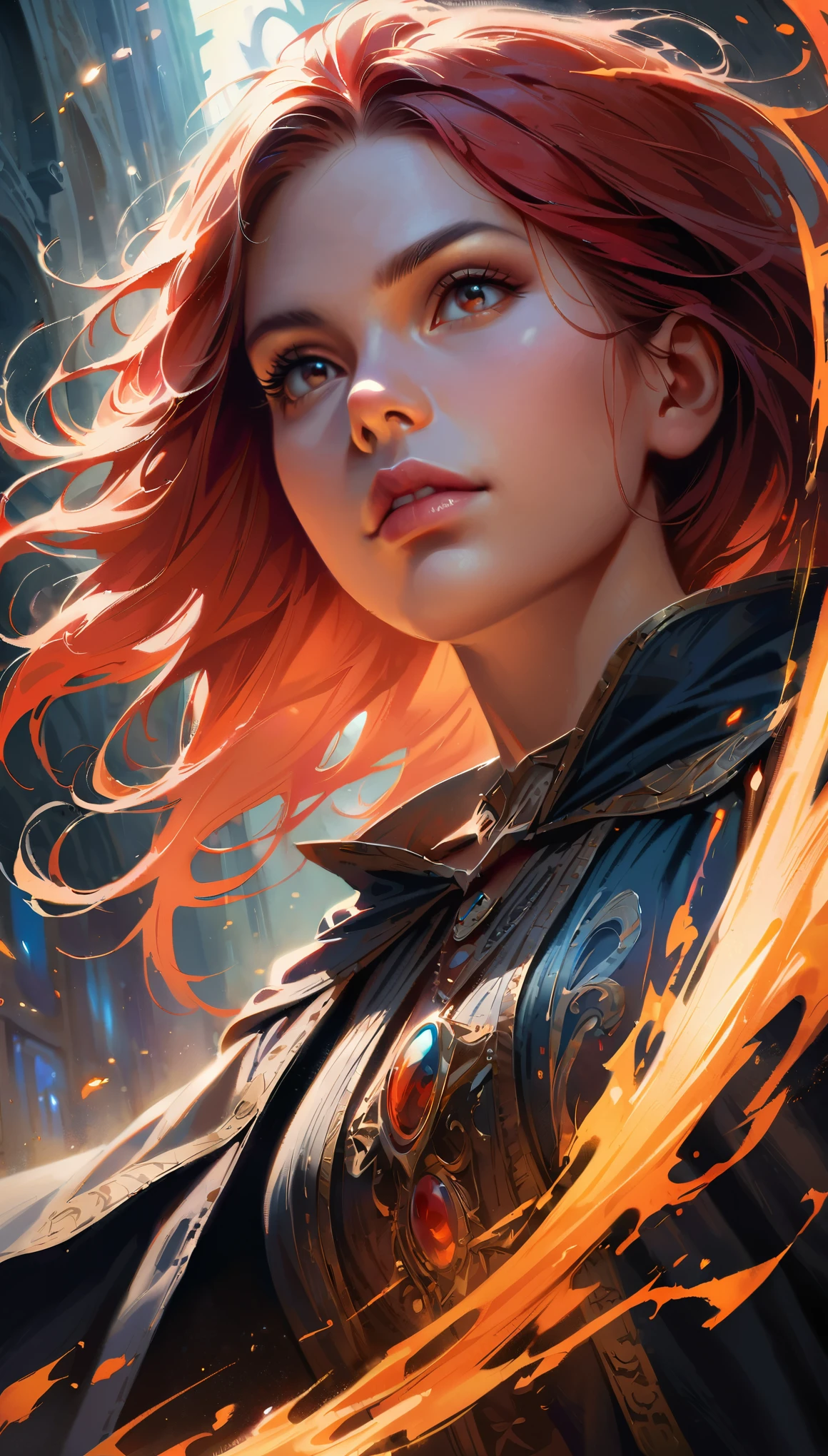 (best quality,4k,8k,highres,masterpiece:1.2),(ful silhuette:1.5), (low angle shot:1.5), ultra-detailed,(realistic,photorealistic,photo-realistic:1.37),Witch,RPG,Sorceress,Magic,Red-haired Woman,beautiful detailed eyes,beautiful detailed lips,extremely detailed eyes and face,longeyelashes,Vibrant and colorful,swirling magical aura,fantasy setting,medieval-inspired clothing,mystical staff,casting a powerful spell,with an air of mystery,dark and enchanting background lighting,Please make sure that the sorceress's facial features are distinct and detailed, denoting her beauty and magical abilities.