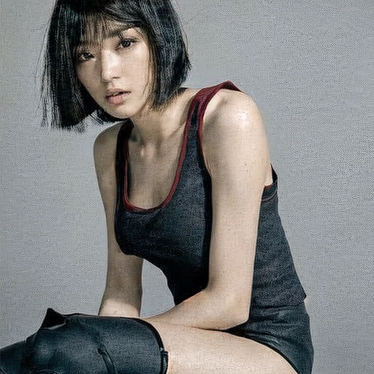 ((Top Quality, 8k, Masterpiece: 1.4)), japanese woman, ((very short bob cut, skinny:1.4)), ((30 years old:1,0)), ((looking at viewer:1.4)), inside bedroom, ((black kneehighs, black tank top:1.4)),