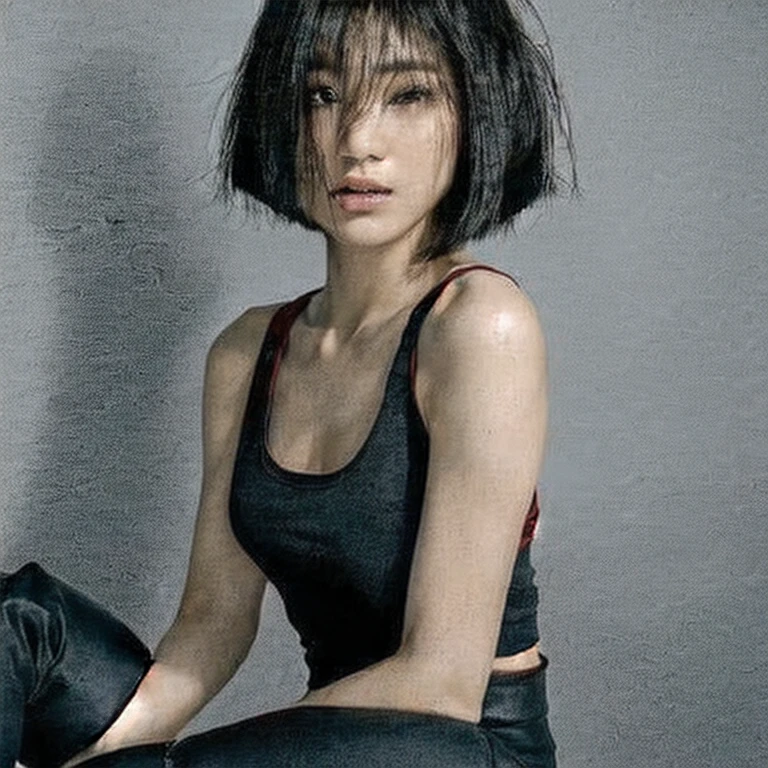 ((Top Quality, 8k, Masterpiece: 1.4)), japanese woman, ((very short bob cut, skinny:1.4)), ((30 years old:1,0)), ((looking at viewer:1.4)), inside bedroom, ((black kneehighs, black tank top:1.4)),