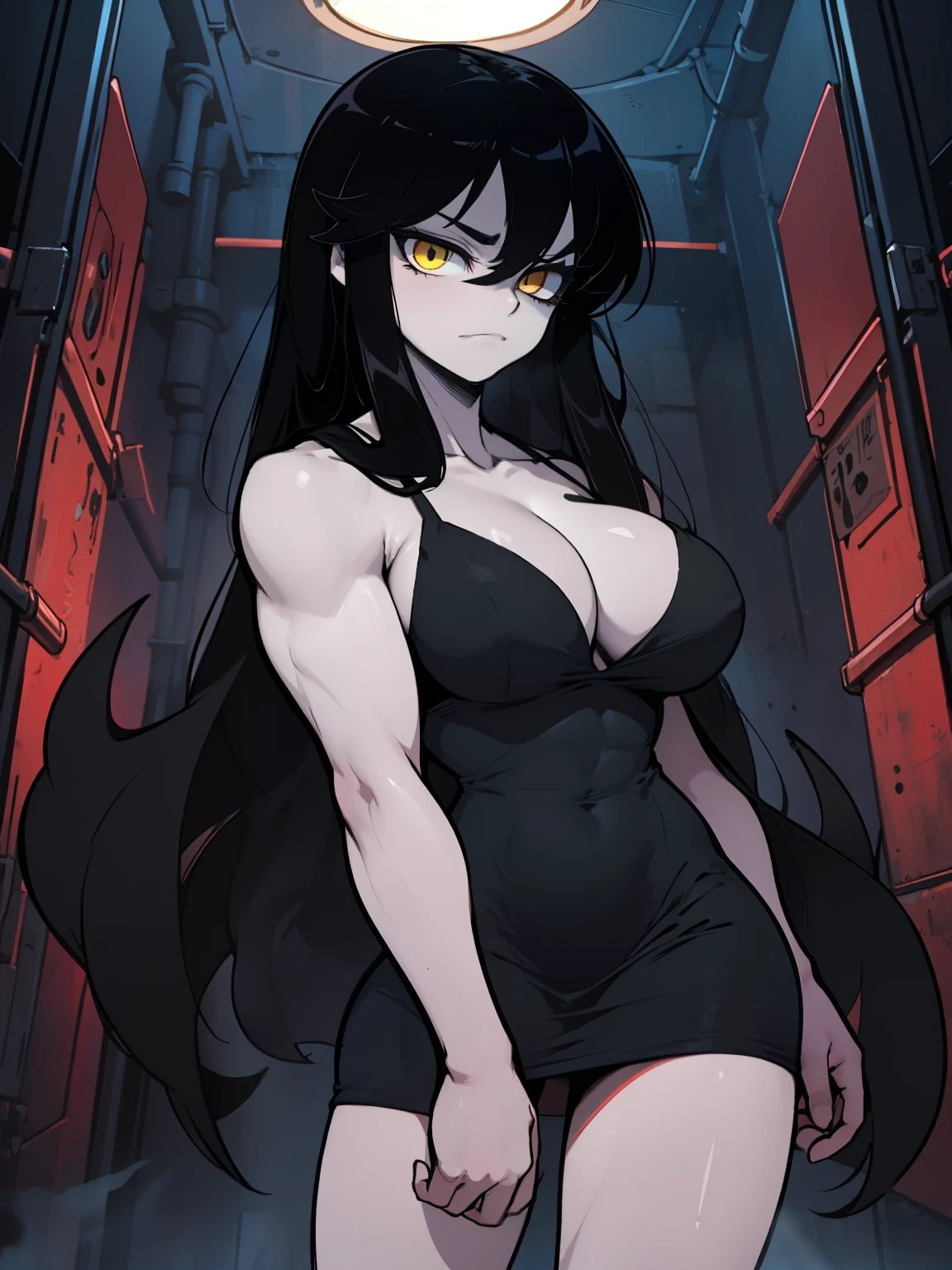 girl muscles huge breasts pale skin very long hair black hair yellow eyes sad expressionless solo black night dress black night dress