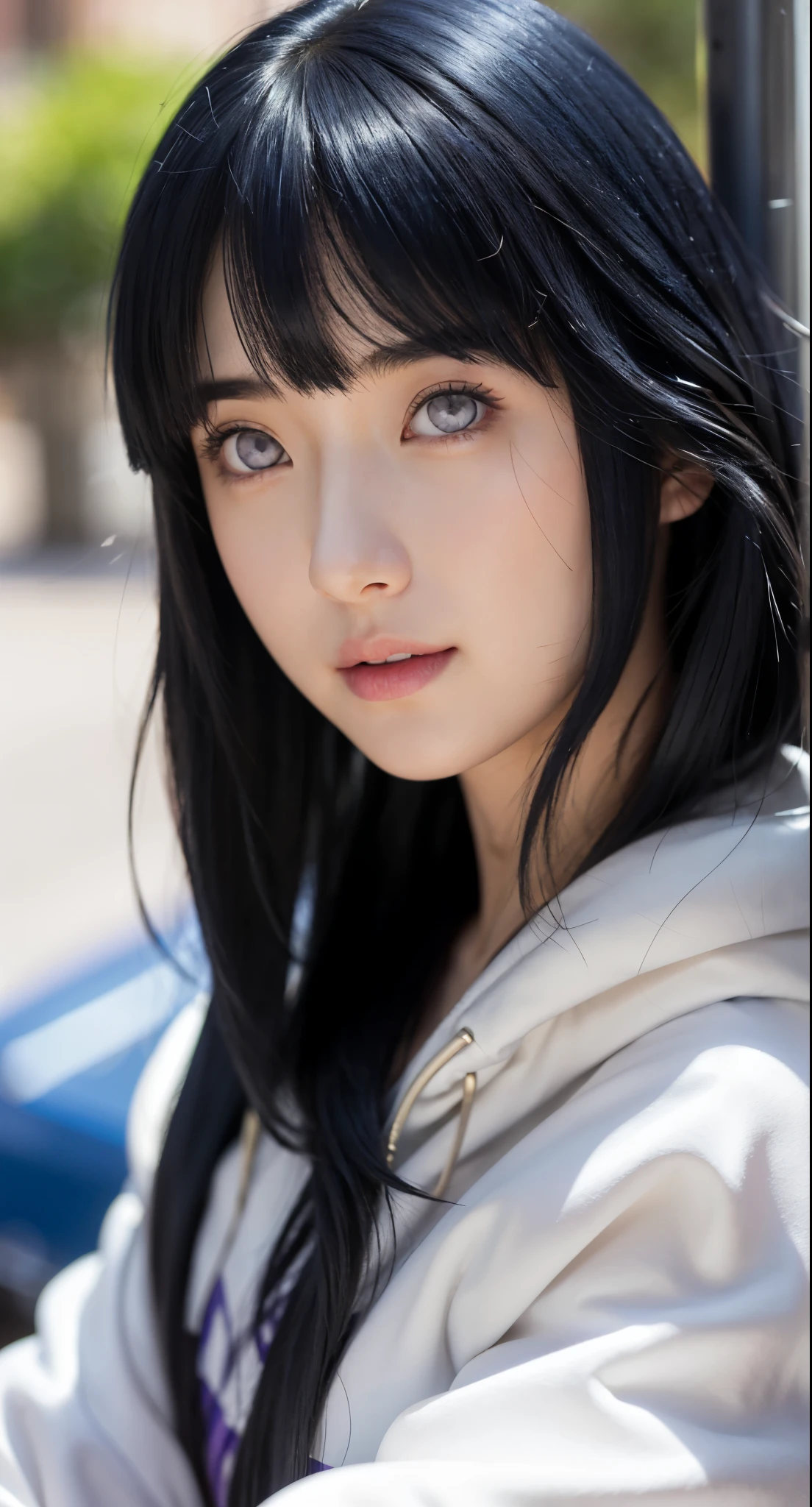 close up image of a person with long hair and a hoodie, hinata hyuga, hinata hyuga from naruto, from naruto, as an anime character, perfect anime face, she has dark blue hair with bangs, female anime character, anime characters, best anime girls, style hime cut hair, dark blue hair, pink lips, light purple eyes, smile, (pretty face:1.3)Best Quality, Masterpiece, Ultra High Resolution, (Realistic: 1.4), Real Photo, Side Light, Delicate Beautiful Eyes: 1.2, Masterpiece* Portrait, Realism, 1 Girl, Highly Detailed, perfect, Hinata Hyuga, realistic photo, realistic anime , realistic style,Real life adaptation of this character, beautiful teenage face, equally realistic hair, (same realistic clothes), realistic light, realistic shadows, realism, hyper realistic, (photorealistic: 1.2), normal small eyes, perfect work , detailed photos, clear camera view, very clear posts. detailed quality, realistic characters, very detailed photo quality, very similar to the characters, very HD photo images, clear and smooth