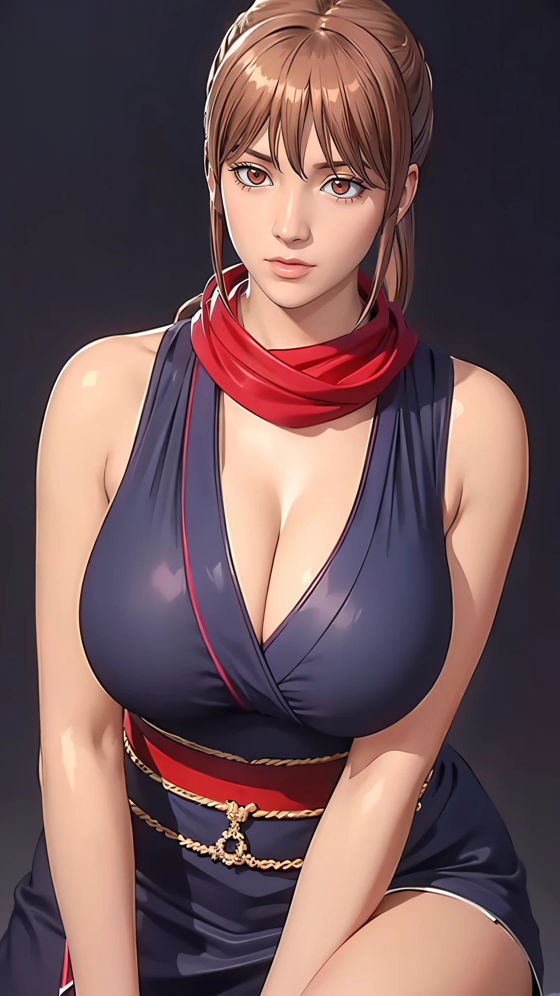 （（（完美figure，figure，solo， （（（blue japanese clothes, scarf, red scarf,White waistband ））），（（（mutsu_yato，light brown hair, long hair, brown eyes，hair tied in a bundle at the end））），((masterpiece)),high resolution, ((Best quality at best))，masterpiece，quality，Best quality，（（（ Exquisite facial features，Looking at the audience,There is light in the eyes，(（（Smile））)，））），型figure:1.7））），（（（Light and shadow，Huge breasts））），（（（Looking at the camera，black background）））