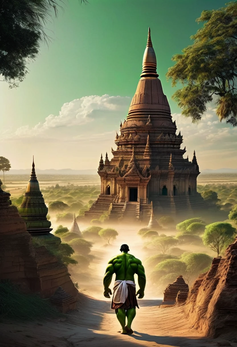 Green Hulk walking in the ancient Bagan city, hyper realistic, sunset, detailed, temples in Bagan, cinematic,