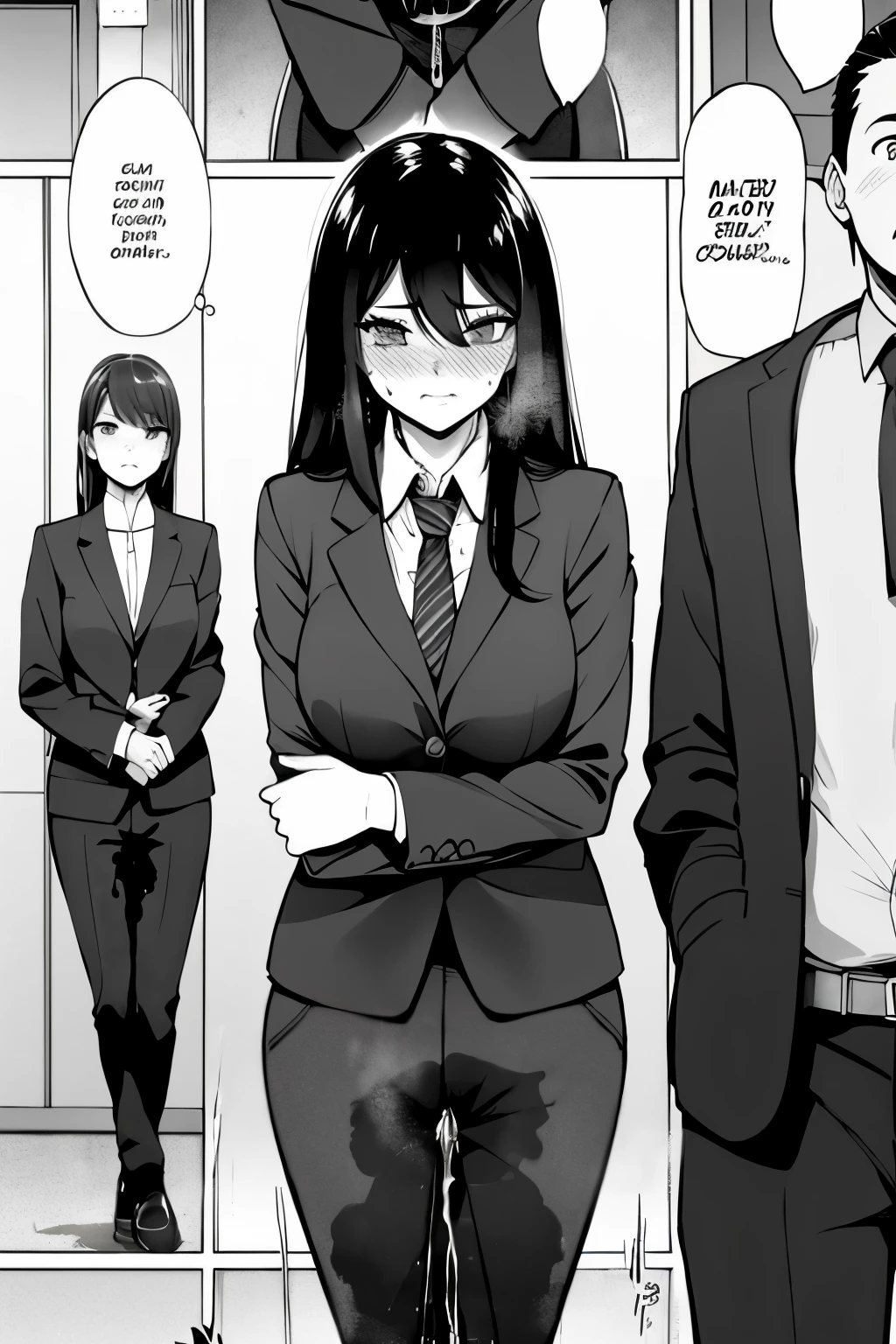A woman with very long (black hair:1.5), wearing a business outfit consisting of a suit and tight pants, stands in a (monochrome:1.25) setting. The artwork is inspired by manga and incorporates a doujin style. The woman appears to be (wetting herself:1.5), which causes her to feel embarrassed and humiliated, resulting in a blush on her face. In addition, there is an air of anger in her expression. The lighting in the scene is moody, with a spotlight highlighting the woman's figure. She is crossing her arms, (arms crossed:1.5), fully showcasing her pants., medium breasts