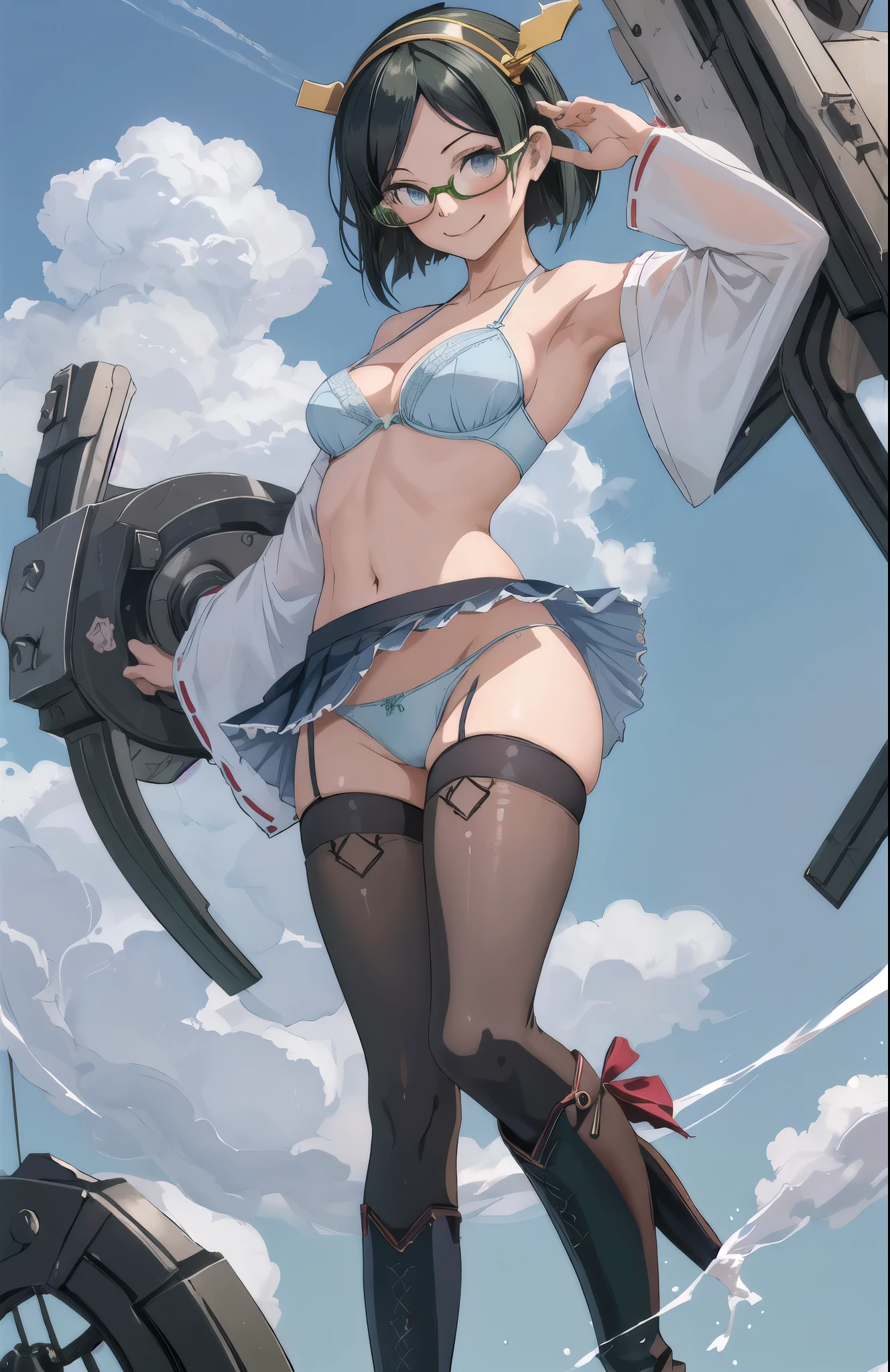 highest quality, masterpiece, High resolution, ((Perfect hands, Perfect Legs, Perfect Anatomy)), alone, {Kirishima_Fleet Collection:1.15}, short_hair, Glasses, black_hair, hairband, Non-traditional_Miko, Green Frame_Glasses, headgear, smile, One girl, just_shoulder, green_eye, independent_sleeve, Japanese_Clothes, skirt, thigh_boots, thighhighs, boots, pantyhose, (Light blue panties), (Light blue bra), (In underwear), (lingerie), blush