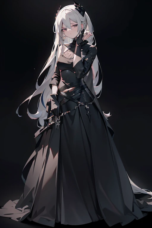 masterpiece, best quality, portrait, 8K, black background with a gray gradient from the bottom,1 adult woman, she is wearing a black slim gothic style shoulderless dress, gothic style, Long white hair, she stands tall and looks straight at the camera, looks 34 years old
