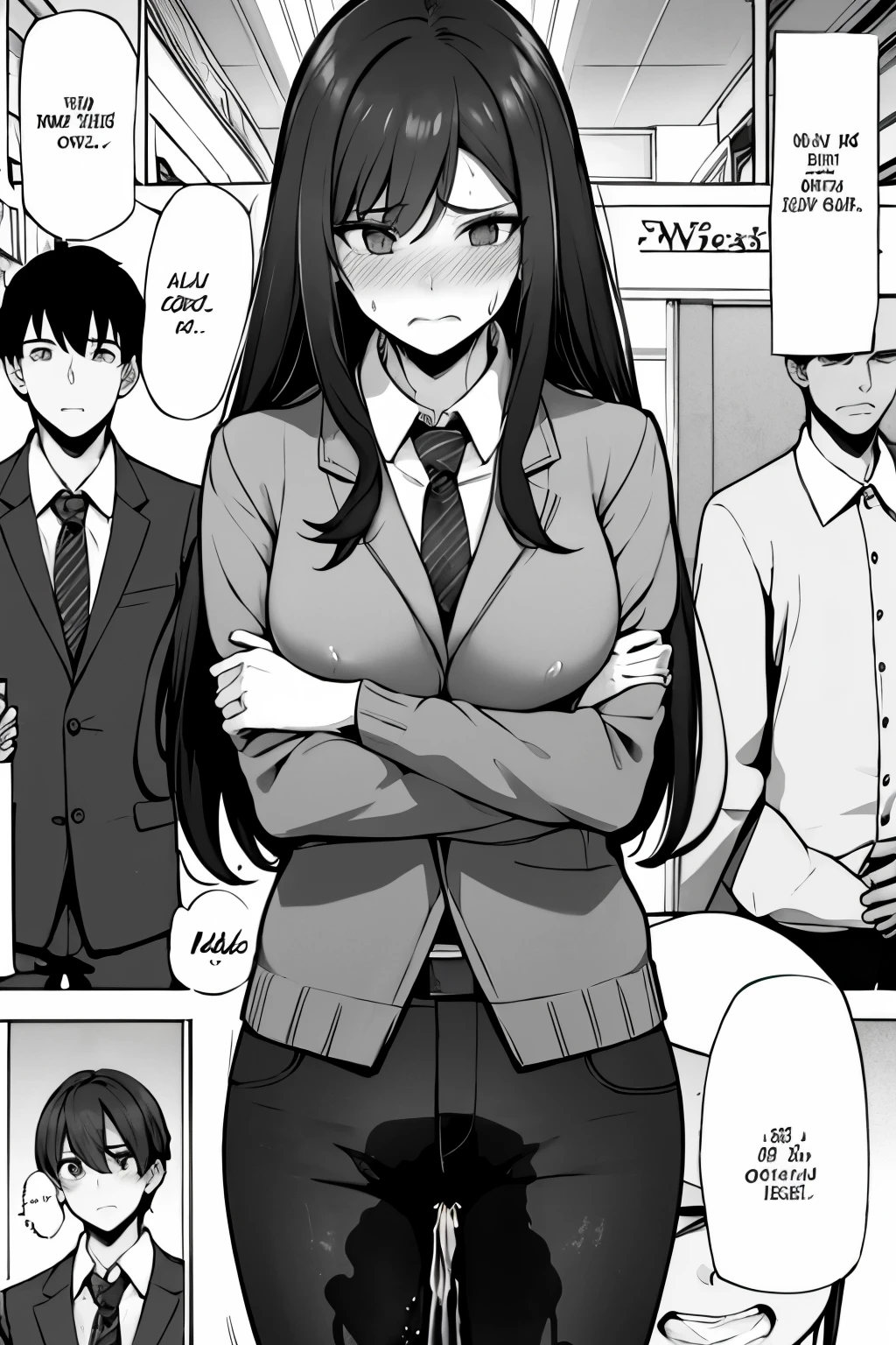 A woman with very long (black hair:1.5), wearing a business outfit consisting of a suit and tight pants, stands in a (monochrome:1.25) setting. The artwork is inspired by manga and incorporates a doujin style. The woman appears to be (wetting herself:1.5), which causes her to feel embarrassed and humiliated, resulting in a blush on her face. In addition, there is an air of anger in her expression. The lighting in the scene is moody, with a spotlight highlighting the woman's figure. She is crossing her arms, (arms crossed:1.5), fully showcasing her pants., medium breasts