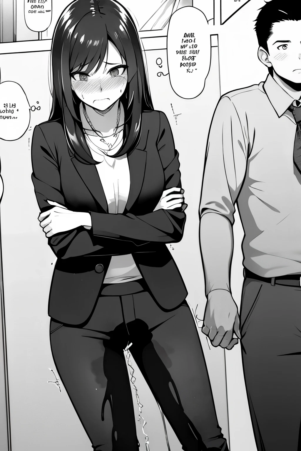 A woman with very long (black hair:1.5), wearing a business outfit consisting of a suit and tight pants, stands in a (monochrome:1.25) setting. The artwork is inspired by manga and incorporates a doujin style. The woman appears to be (wetting herself:1.5), which causes her to feel embarrassed and humiliated, resulting in a blush on her face. In addition, there is an air of anger in her expression. The lighting in the scene is moody, with a spotlight highlighting the woman's figure. She is crossing her arms, (arms crossed:1.5), fully showcasing her pants., medium breasts