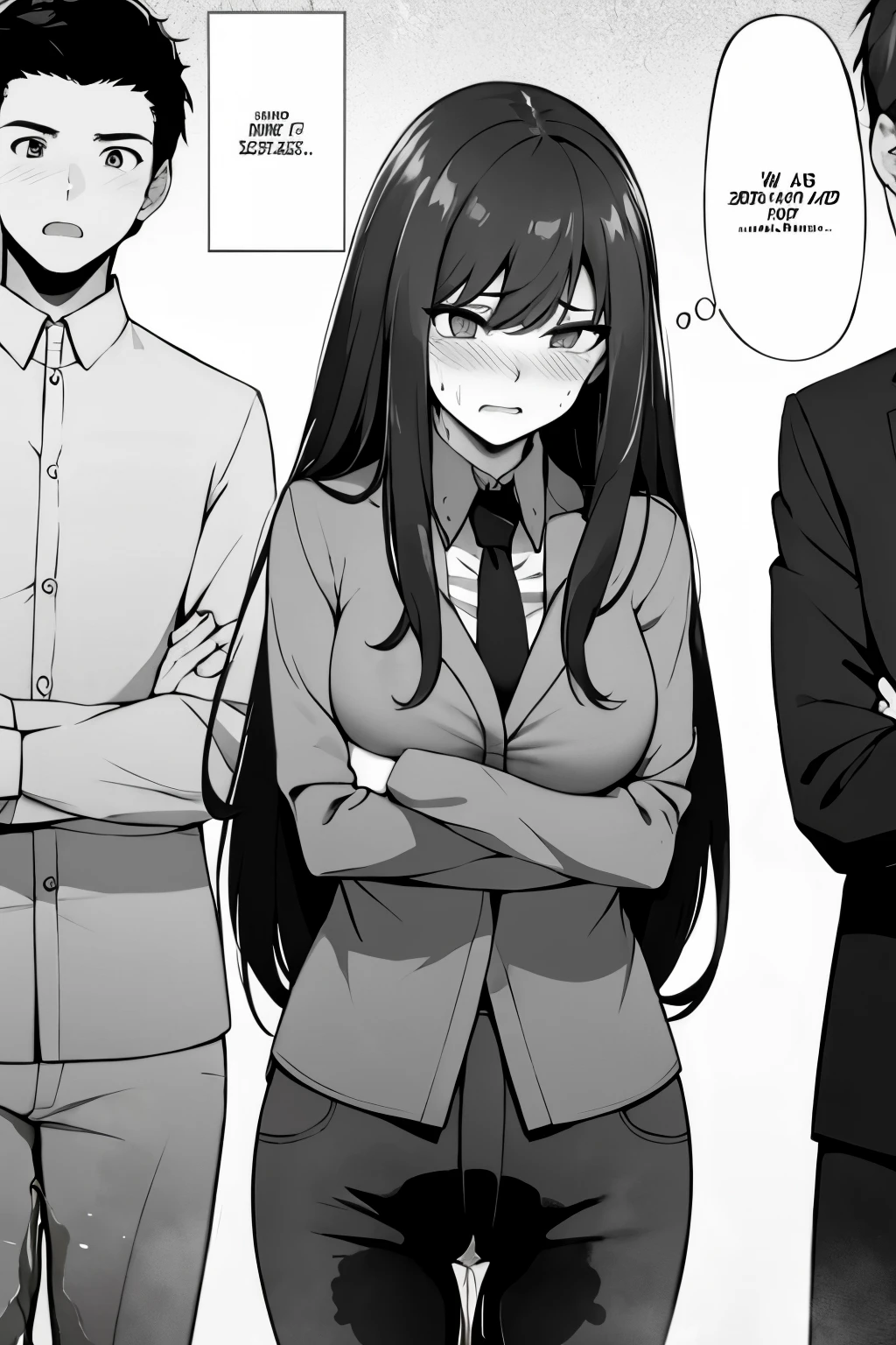 A woman with long black hair, wearing a business outfit consisting of a suit, pencil skirt, and pantyhose, stands in a monochrome setting. The artwork is inspired by manga and incorporates a doujin style. The woman appears to be (wetting herself:1.5), which causes her to feel embarrassed and humiliated, resulting in a blush on her face. In addition, there is an air of anger in her expression. The lighting in the scene is moody, with a spotlight highlighting the woman's figure. She is crossing her arms, (arms crossed:1.5), fully showcasing her skirt., medium breasts