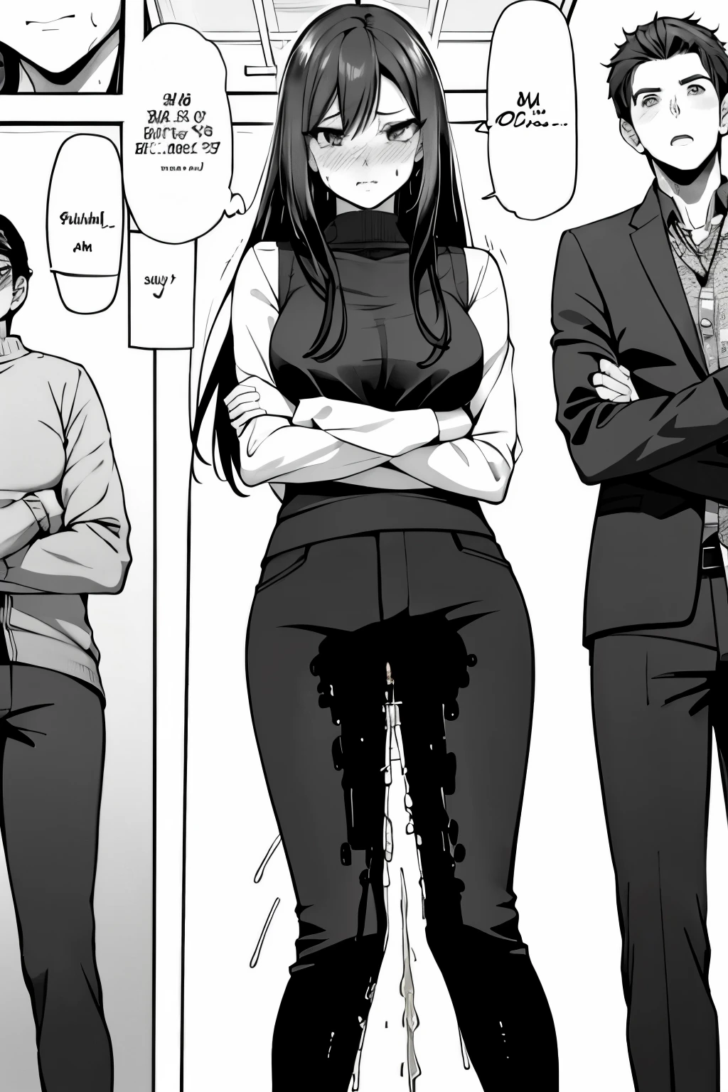 A woman with very long (black hair:1.5), wearing a business outfit consisting of a suit and tight pants, stands in a (monochrome:1.25) setting. The artwork is inspired by manga and incorporates a doujin style. The woman appears to be (wetting herself:1.5), which causes her to feel embarrassed and humiliated, resulting in a blush on her face. In addition, there is an air of anger in her expression. The lighting in the scene is moody, with a spotlight highlighting the woman's figure. She is crossing her arms, (arms crossed:1.5), fully showcasing her pants., medium breasts