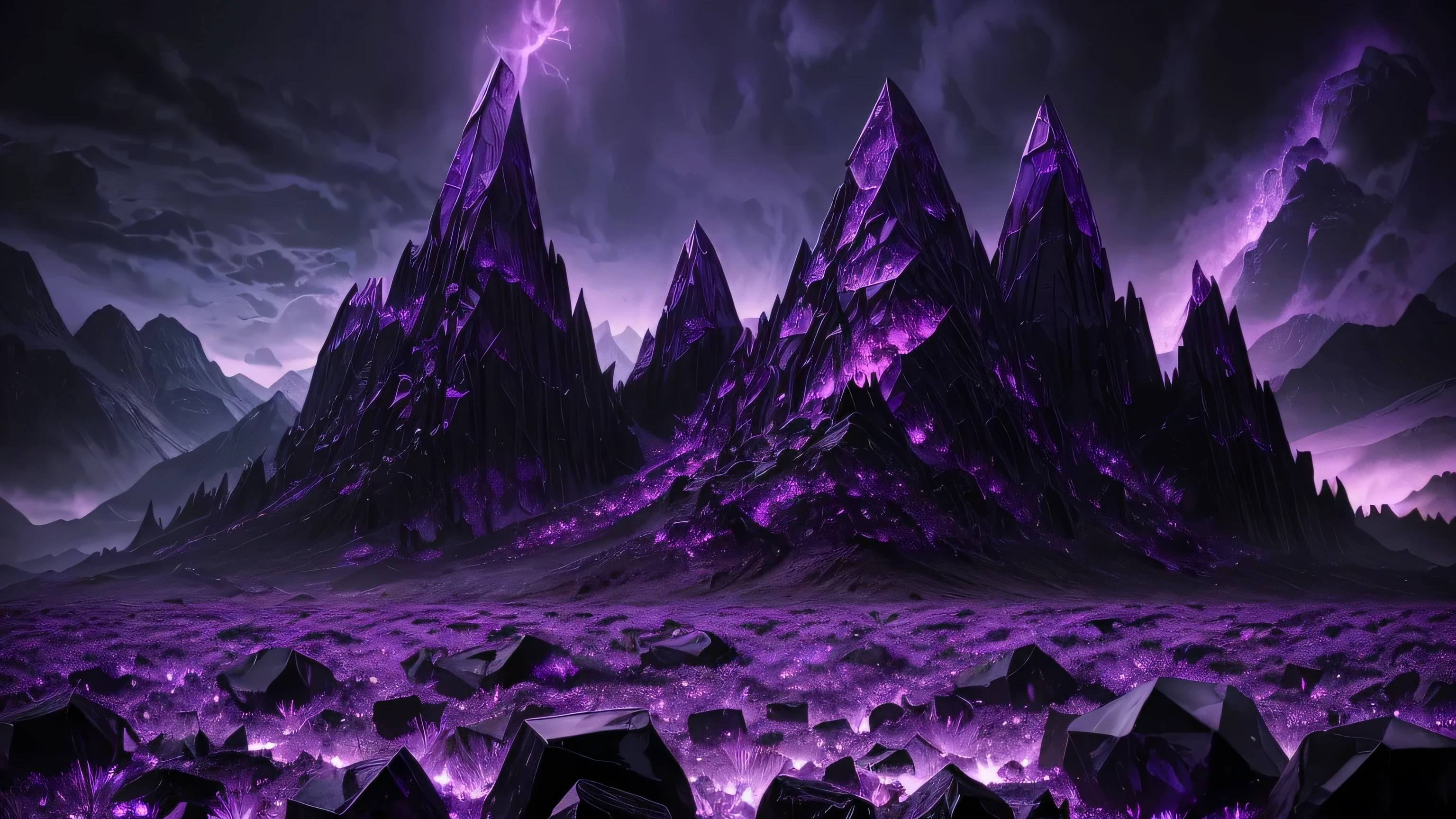 ominous black tall mountain range, atmospheric, (((large purple crystals glowing with purple light))), several floating black triangles, dark occult imagery gives a feeling of foreboding, impending doom, masterpiece, highly detailed, ultra-high quality, vibrant colors