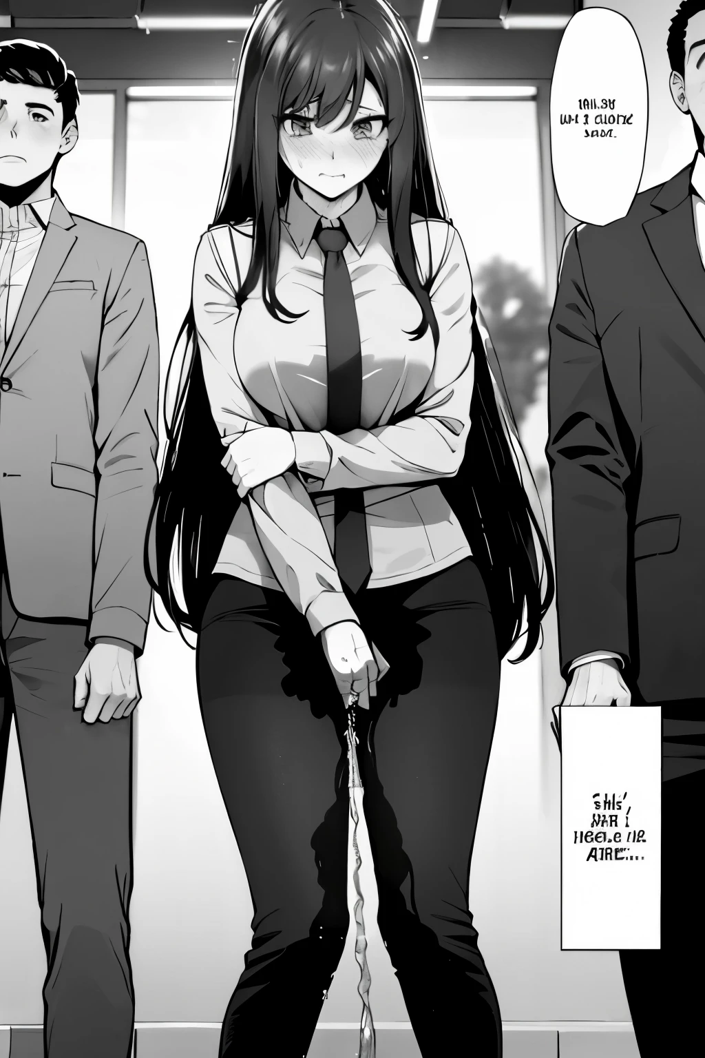 A woman with very long (black hair:1.5), wearing a business outfit consisting of a suit and tight pants, stands in a (monochrome:1.25) setting. The artwork is inspired by manga and incorporates a doujin style. The woman appears to be (wetting herself:1.5), which causes her to feel embarrassed and humiliated, resulting in a blush on her face. In addition, there is an air of anger in her expression. The lighting in the scene is moody, with a spotlight highlighting the woman's figure. She is crossing her arms, (arms crossed:1.5), fully showcasing her pants., medium breasts