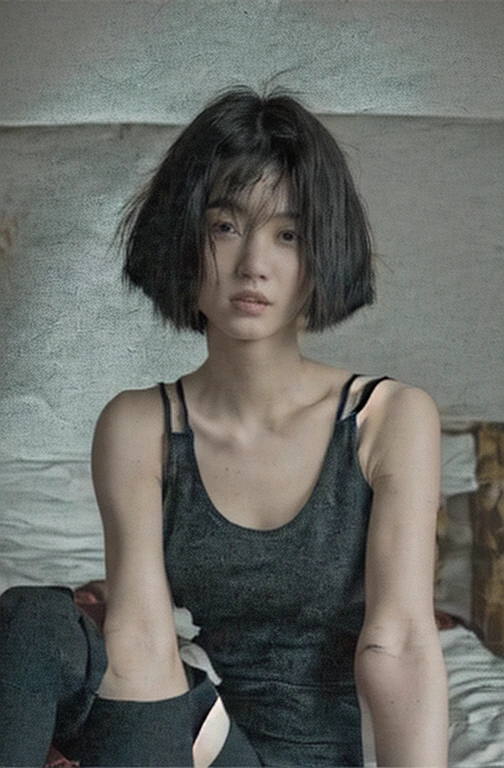 ((Top Quality, 8k, Masterpiece: 1.4)), japanese woman, ((very short bob cut, skinny:1.4)), ((30 years old:1,0)), ((looking at viewer:1.4)), inside bedroom, ((black kneehighs, black tank top:1.4)),