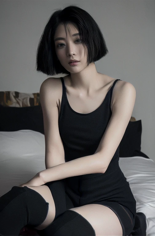((Top Quality, 8k, Masterpiece: 1.4)), japanese woman, ((very short bob cut, skinny:1.4)), ((30 years old:1,0)), ((looking at viewer:1.4)), inside bedroom, ((black kneehighs, black tank top:1.4)),