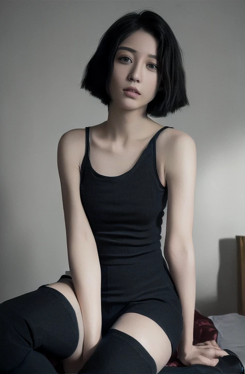((Top Quality, 8k, Masterpiece: 1.4)), japanese woman, ((very short bob cut, skinny:1.4)), ((30 years old:1,0)), ((looking at viewer:1.4)), inside bedroom, ((black kneehighs, black tank top:1.4)),