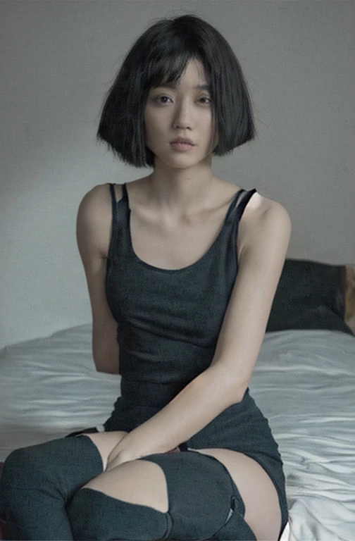 ((Top Quality, 8k, Masterpiece: 1.4)), japanese woman, ((very short bob cut, skinny:1.4)), ((30 years old:1,0)), ((looking at viewer:1.4)), inside bedroom, ((black kneehighs, black tank top:1.4)), 