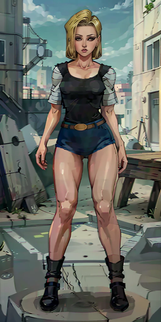 8k, best quality, masterpiece:1.2) (realistic, photo-realistic:1.37) (full body) 1female solo girl, standing, legs apart (wide stance) standing contrapposto, ultra-detailed, cute (Android 18) from DBZ