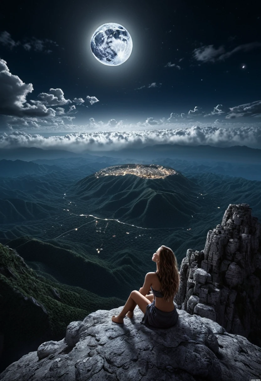 a person sitting on top of a mountain under a cloudy sky, surreal tears from the moon, Ultra wide angle, realistic fantasy photography, reaching towards the heavens, the moon behind her, surrounded in clouds and light, in darkness, over the horizon, expansive view, within radiate connection, humid evening, detailed dreamscape, (masterpiece, best quality, Professional, perfect composition, very aesthetic, absurdres, ultra-detailed, intricate details:1.3)
