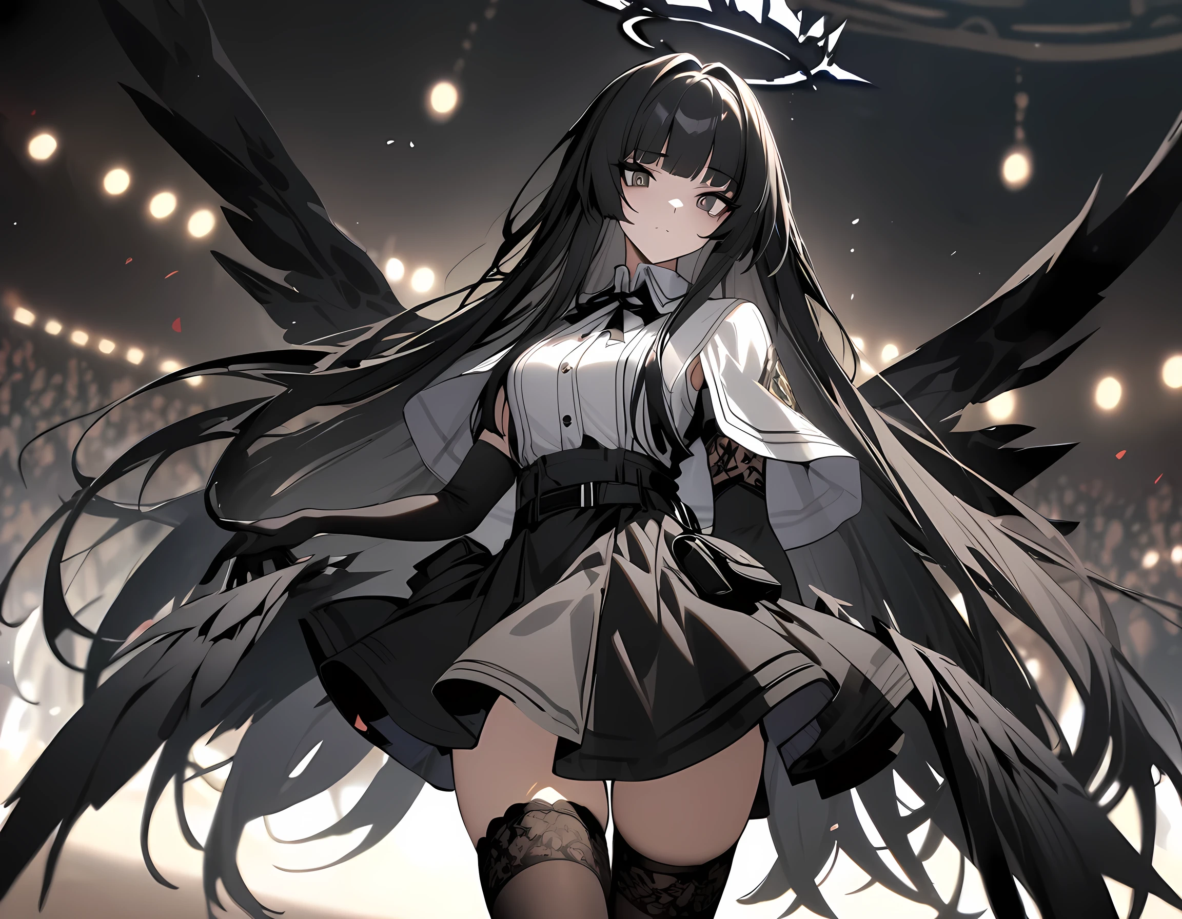 (masterpiece), best quality, expressive eyes, perfect face,1girl,virtuosa_(arknights),cowboy shot,music hall,black_hair, very_long_hair, blunt_bangs, straight_hair, black_eyes, elbow_gloves, black_thighhighs, white_capelet, belt_pouch, detached_wings, black_wings, halo, high_heels, lace-trimmed_thighhighs