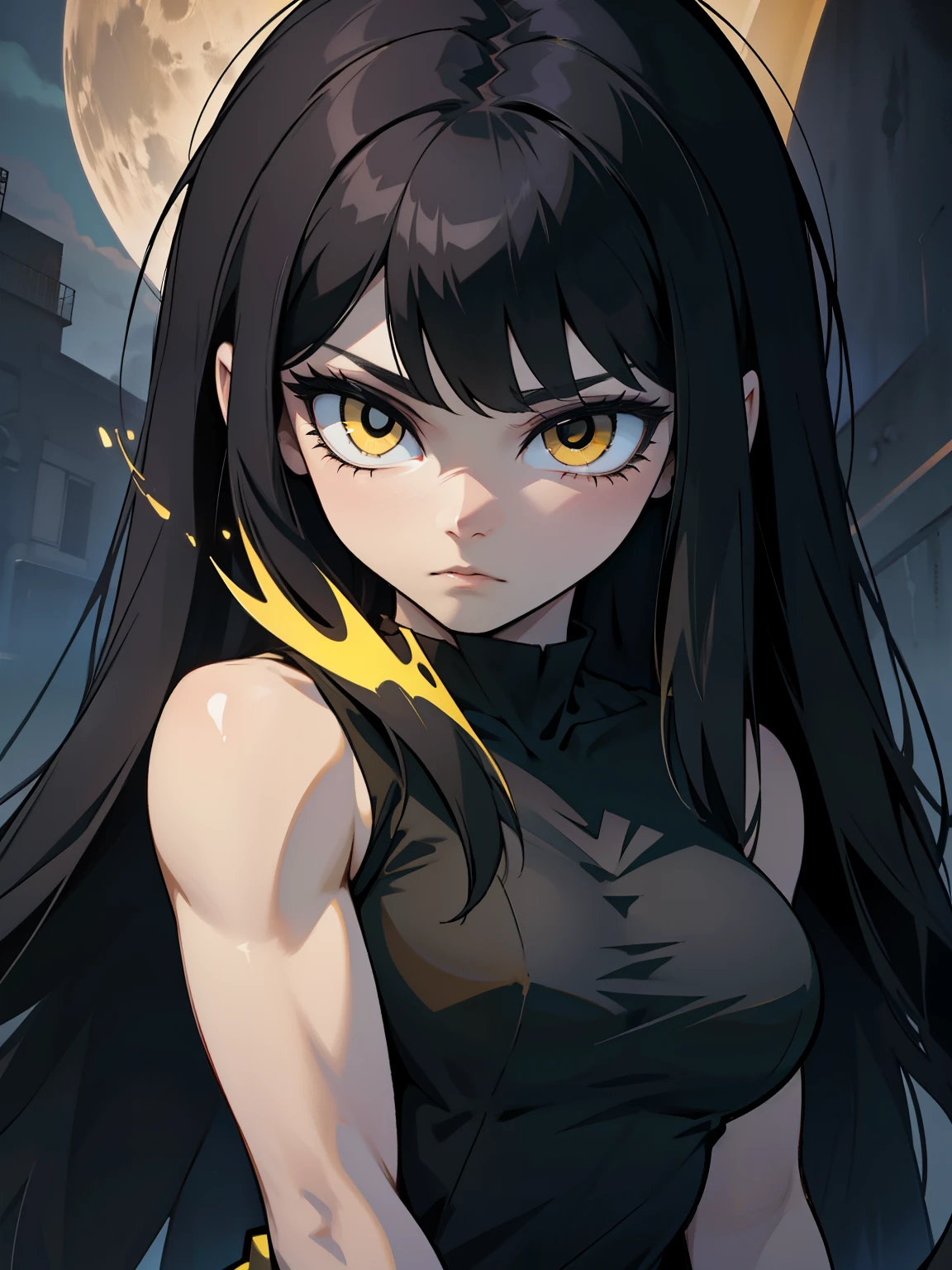 girl muscles huge breasts pale skin very long hair black hair yellow eyes sad expressionless solo black night dress black night dress