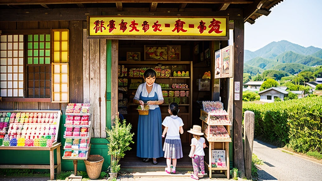 Children and an old woman shopping at a small candy store in the countryside、A small sweet shop in the Japanese countryside、