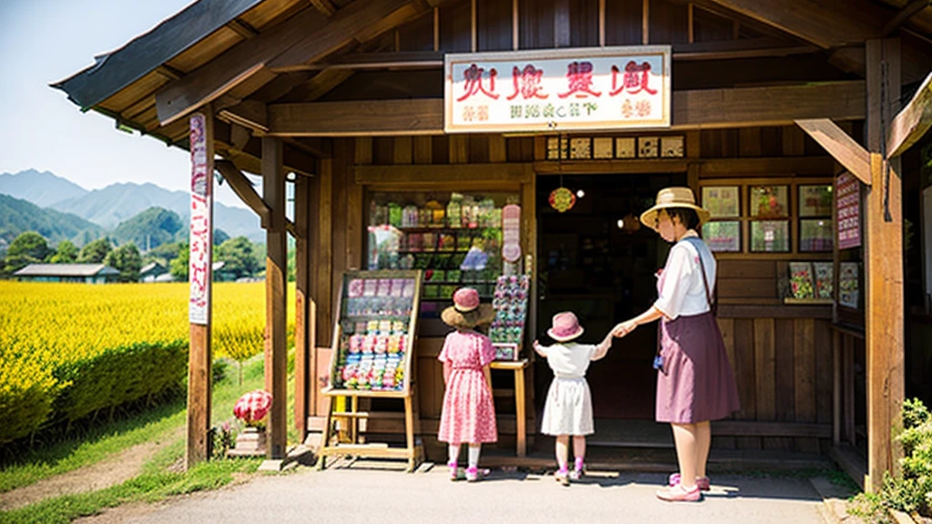 Children and an old woman shopping at a small candy store in the countryside、A small sweet shop in the Japanese countryside、
