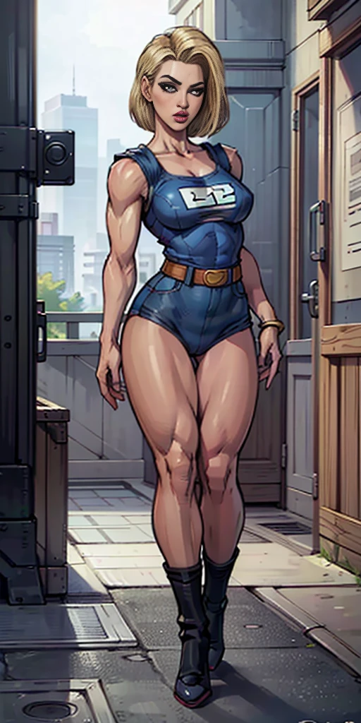 8k, best quality, masterpiece:1.2) (realistic, photo-realistic:1.37) (full body) 1female solo girl, standing, legs apart (wide stance) standing contrapposto, ultra-detailed, cute (Android 18) from DBZ