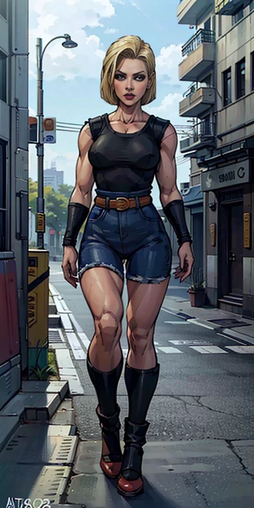 8k, best quality, masterpiece:1.2) (realistic, photo-realistic:1.37) (full body) 1female solo girl, standing, legs apart (wide stance) standing contrapposto, ultra-detailed, cute (Android 18) from DBZ