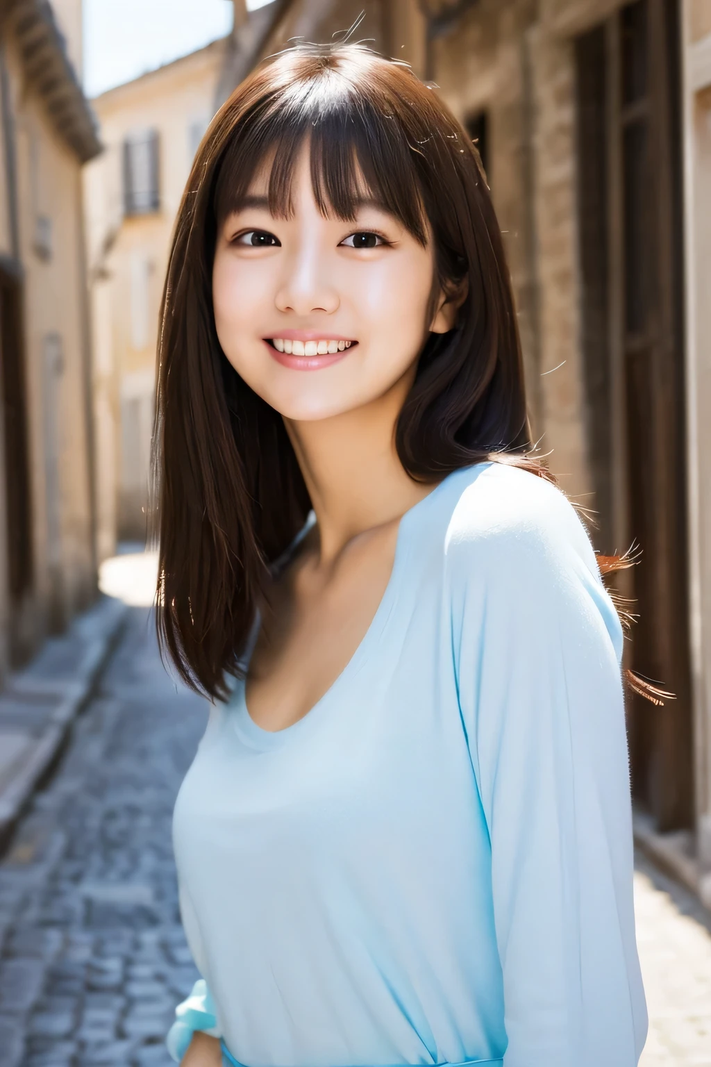 One Girl, (Casual clothing, Pastel colored clothes:1.2), (Beautiful Japanese idol portrait photos),
(Take a commemorative photo in an old French town:1.3), 
(RAW Photos, highest quality), (Realistic, photo-Realistic:1.4), masterpiece, 8K Portrait,
Very delicate and beautiful, Very detailed, 2k wallpaper, wonderful, In detail, Very detailed CG unity 8k wallpaper, 
Very detailedな, High resolution, 
Soft Light, Beautiful detailed girl, Very detailed eyes and face, Beautiful and sophisticated nose, Beautiful details,
Cinema Lighting, Perfect Anatomy, 
Slender body, Small breasts, Semi-long hair, Parted bangs, Bokeh, Dynamic Angle, A radiant smile, happiness