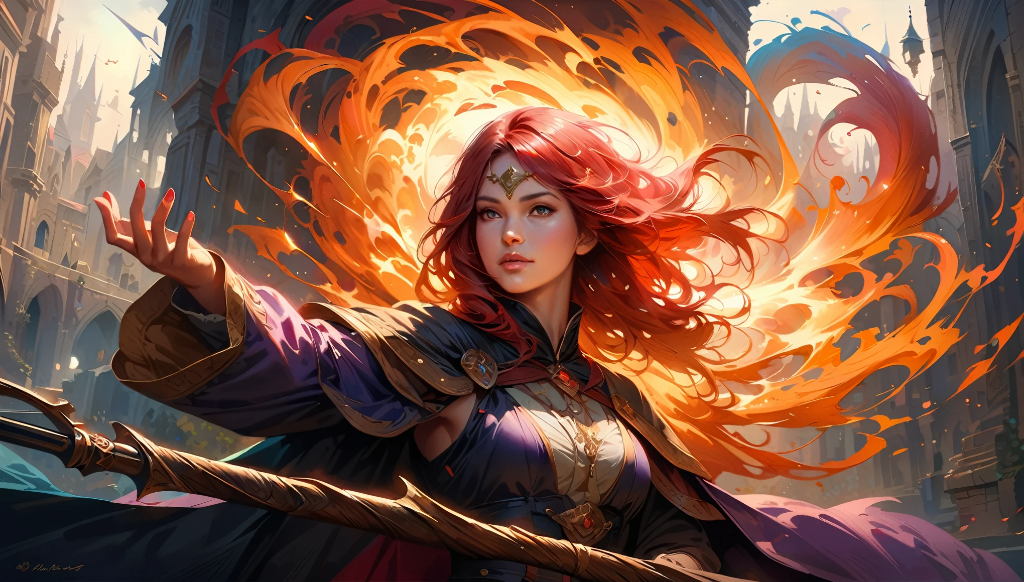 (best quality,4k,8k,highres,masterpiece:1.2),(full silhouette:1.5),(full shot:1.4), ultra-detailed,(realistic,photorealistic,photo-realistic:1.37),Witch,RPG,Sorceress,Magic,Red-haired Woman,beautiful detailed eyes,beautiful detailed lips,extremely detailed eyes and face,longeyelashes,Vibrant and colorful,swirling magical aura,fantasy setting,medieval-inspired clothing,mystical staff,casting a powerful spell,with an air of mystery,dark and enchanting background lighting,Please make sure that the sorceress's facial features are distinct and detailed, denoting her beauty and magical abilities.